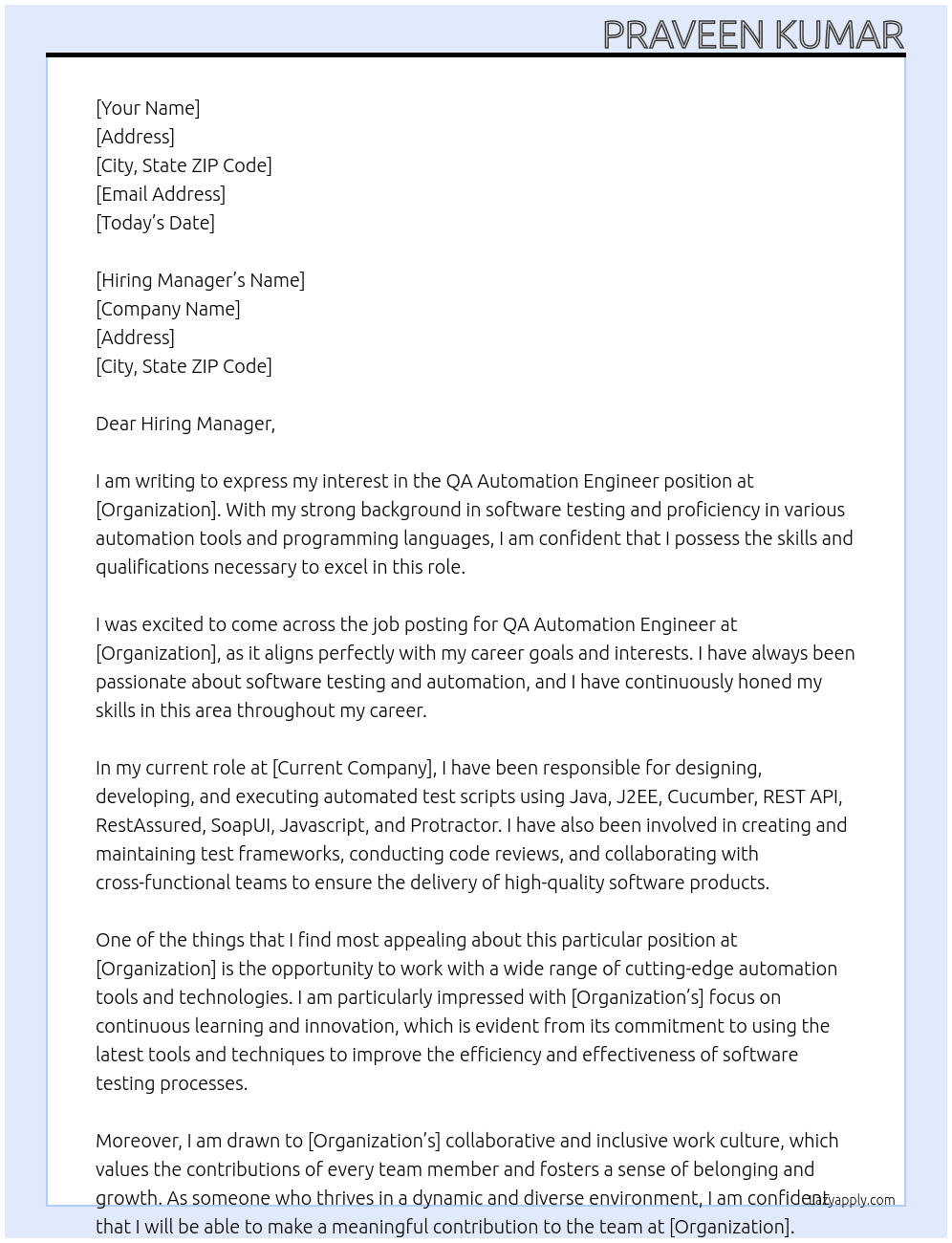 QA Automation Engineer At Organization Cover Letter