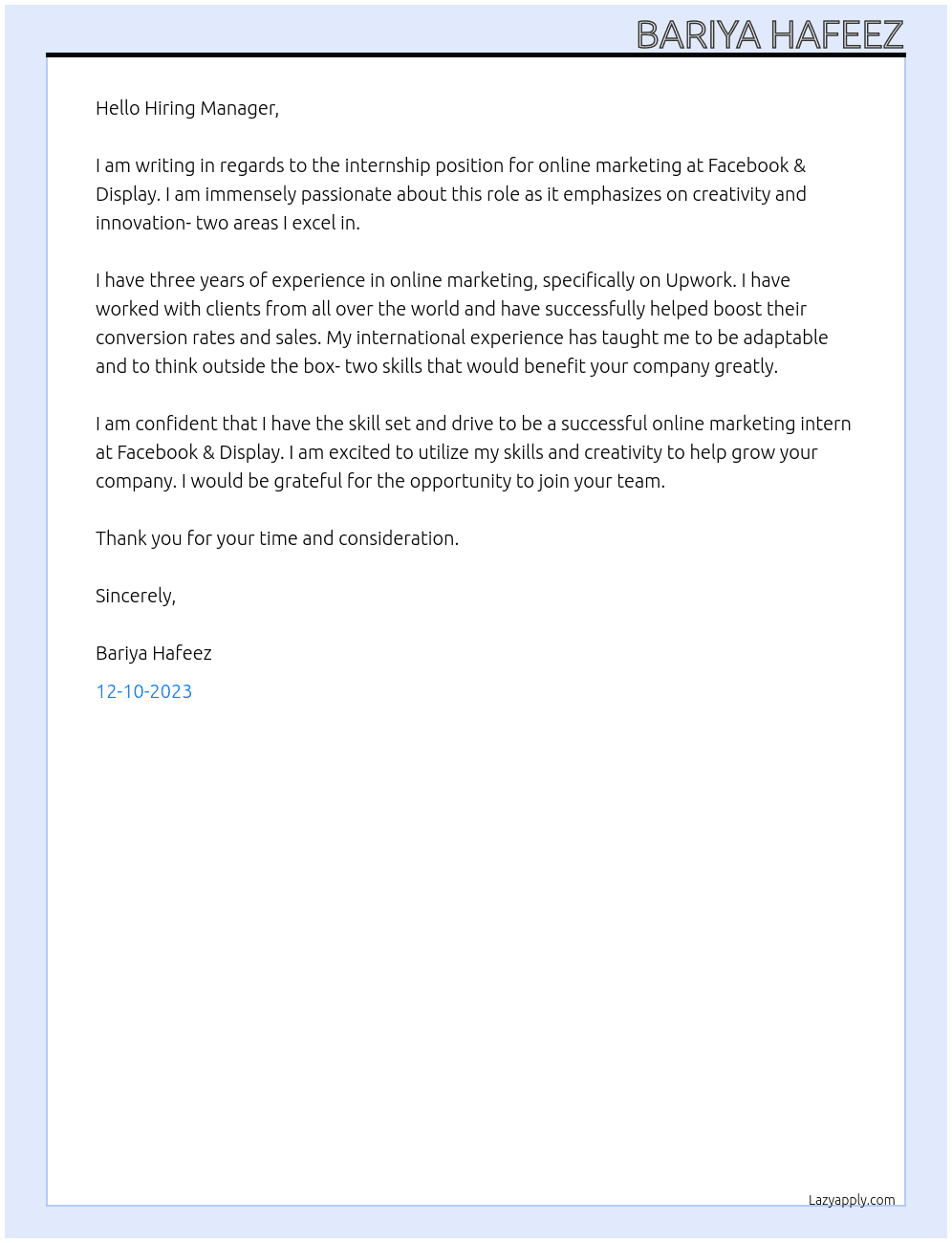 Online Marketing Intern — Facebook & Display At InterNations Cover Letter