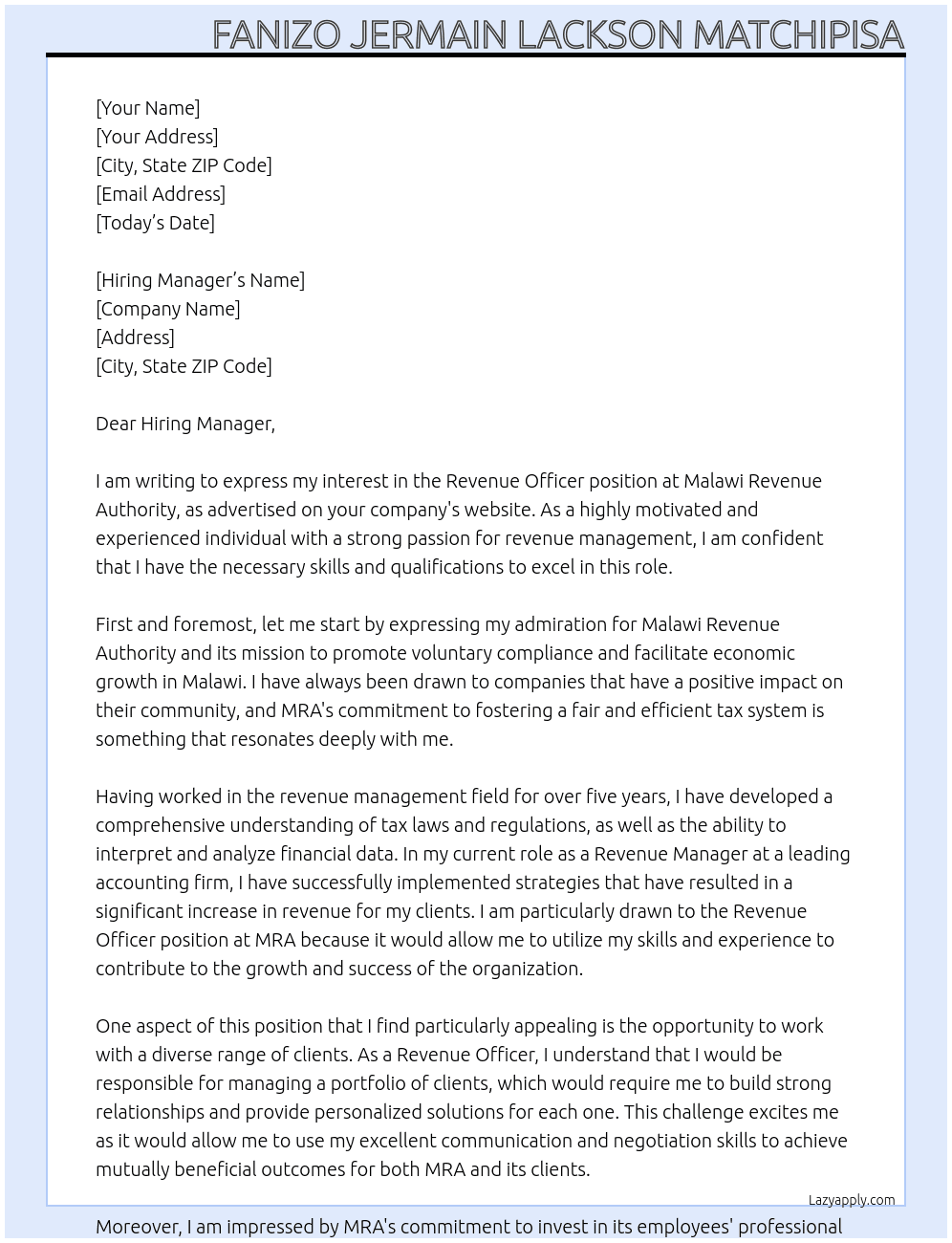 Revenue Officer At Malawi Revenue Authority Cover Letter