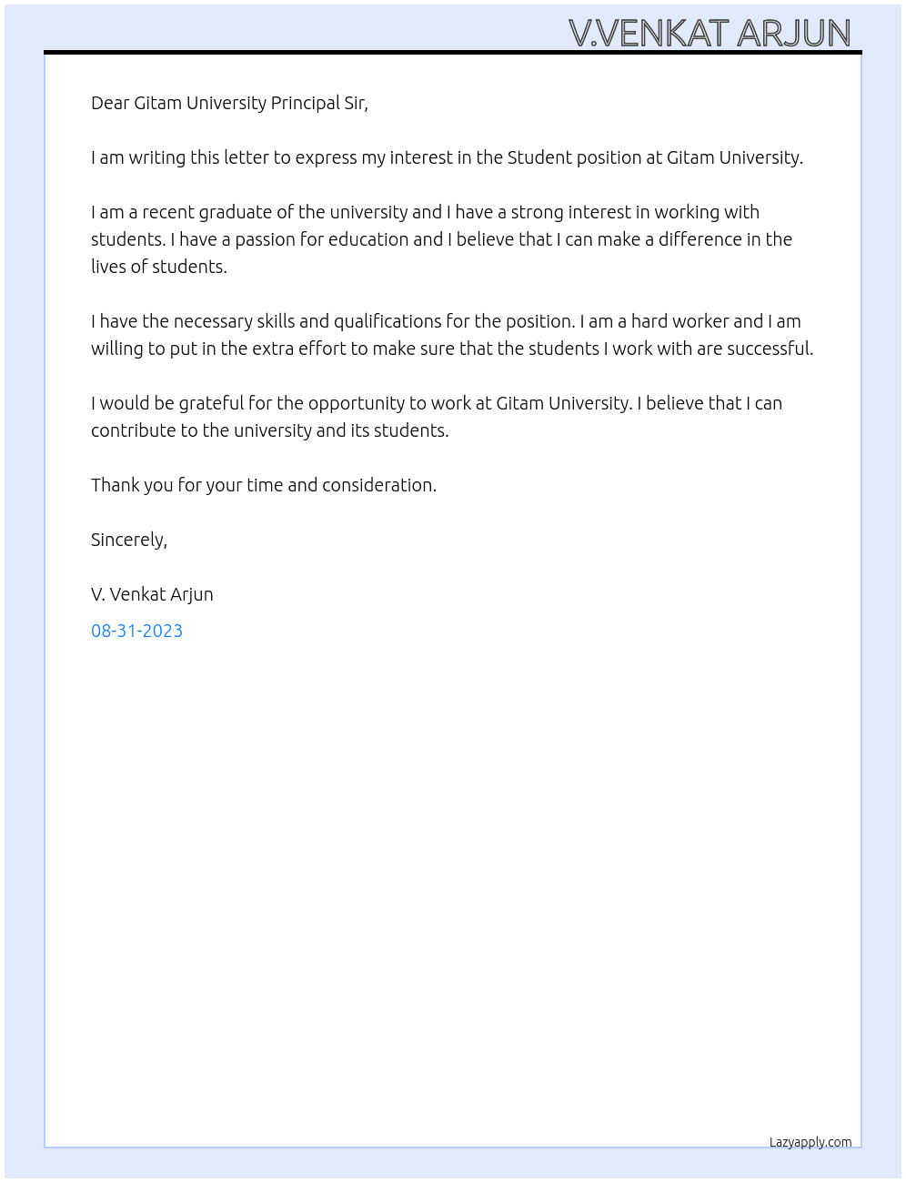 Student  At Gitam University  Cover Letter