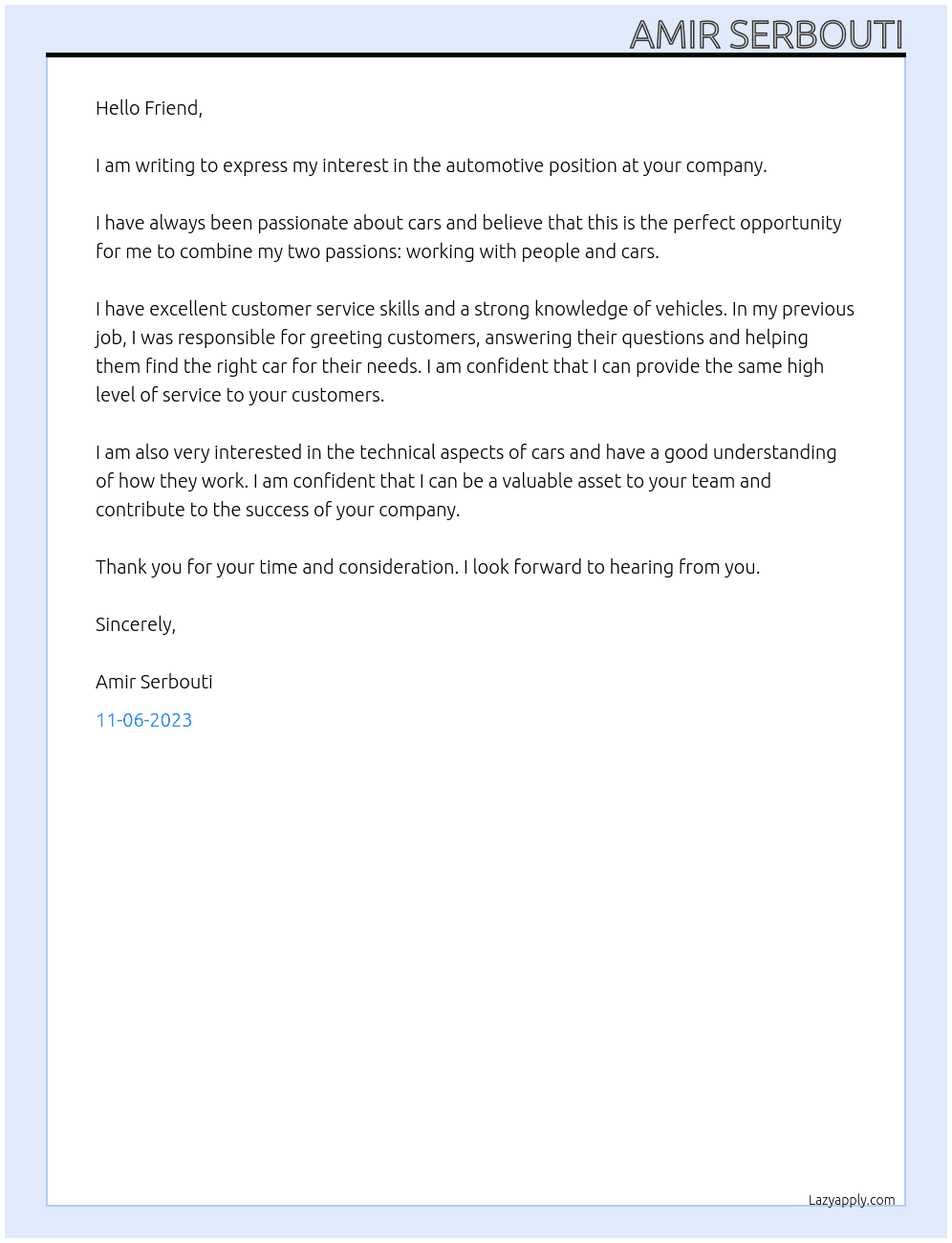 automotive  At friend  Cover Letter
