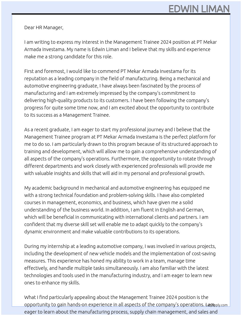 Management Trainee 2024  At PT Mekar Armada Investama Cover Letter