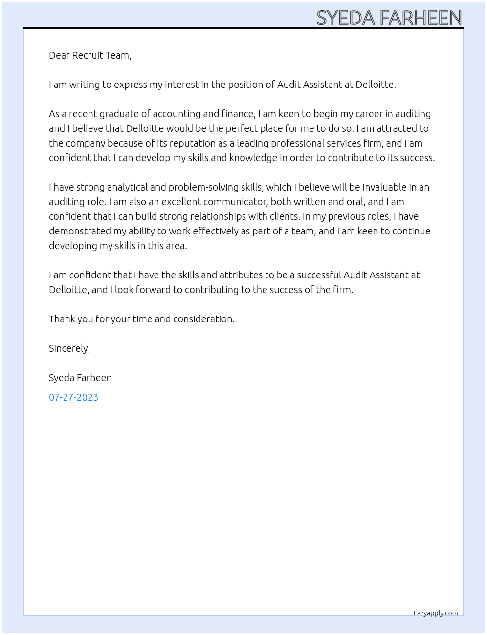 Audit assistant  At Delloittee Cover Letter