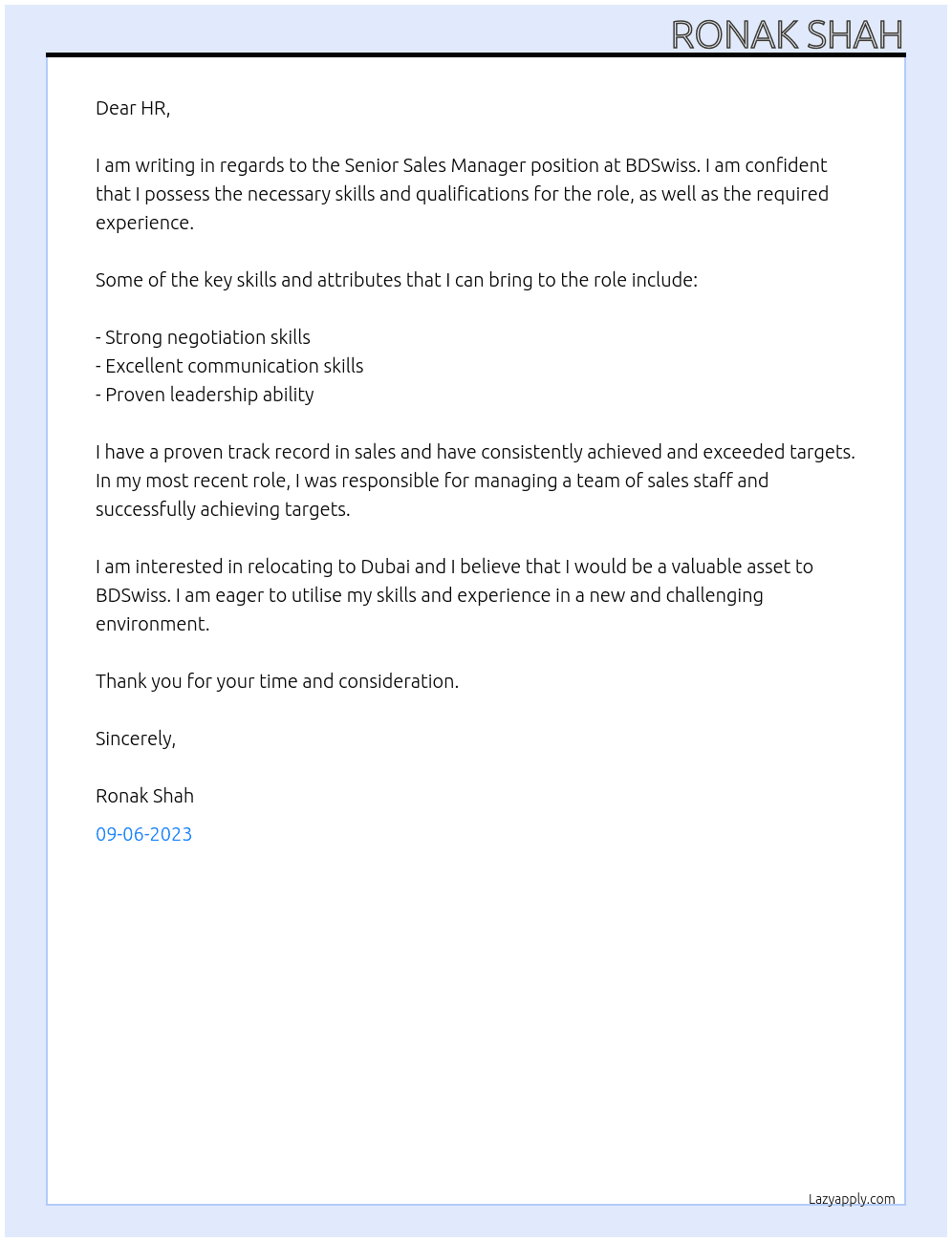 Senior Sales Manager At BDSwiss Cover Letter