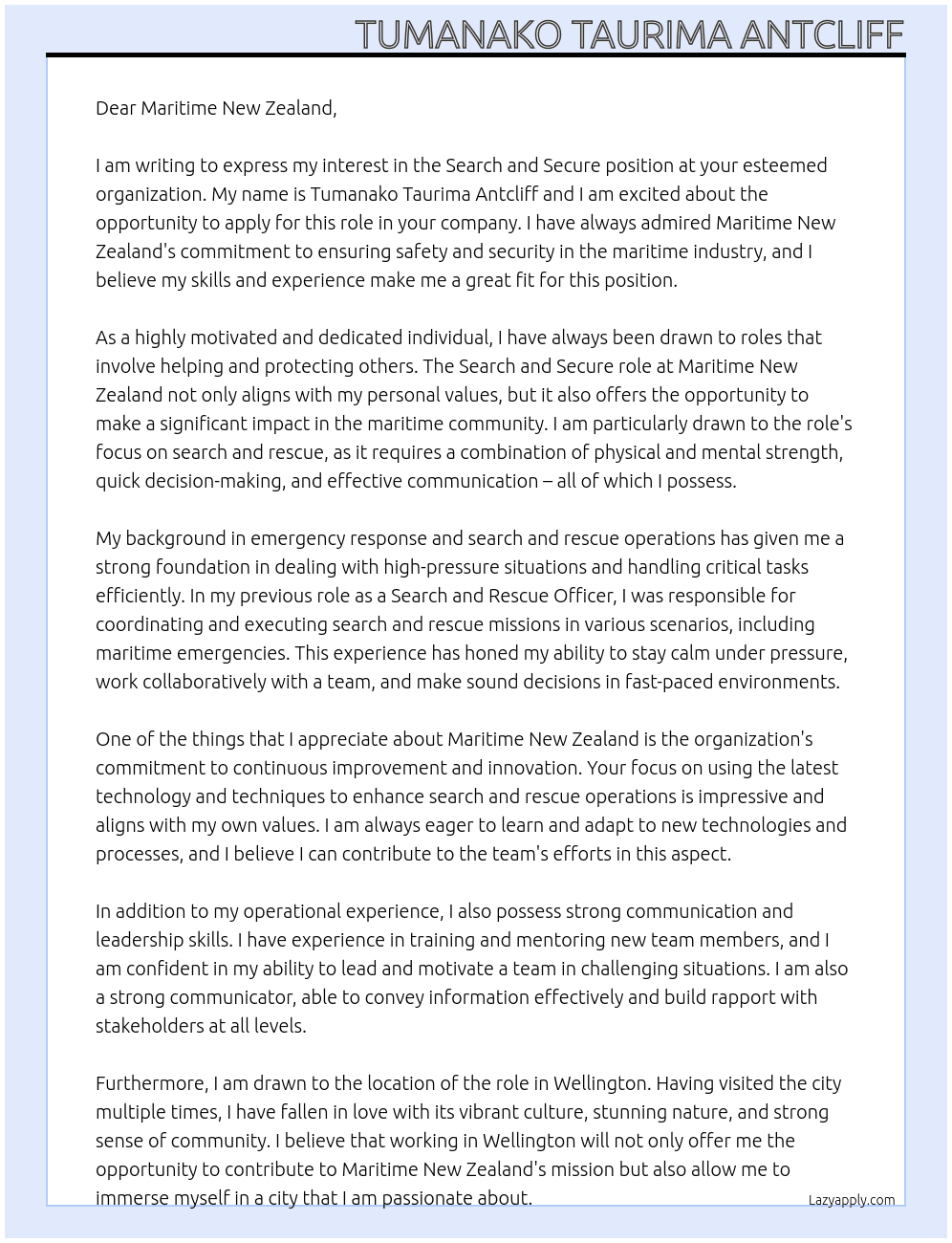 Search and Secure  At Maritime New Zealand  Cover Letter