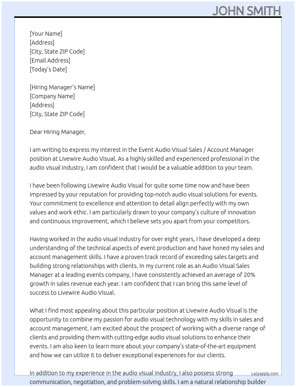 Event Audio Visual Sales / Account Manager At Livewire Audio Visual Cover Letter