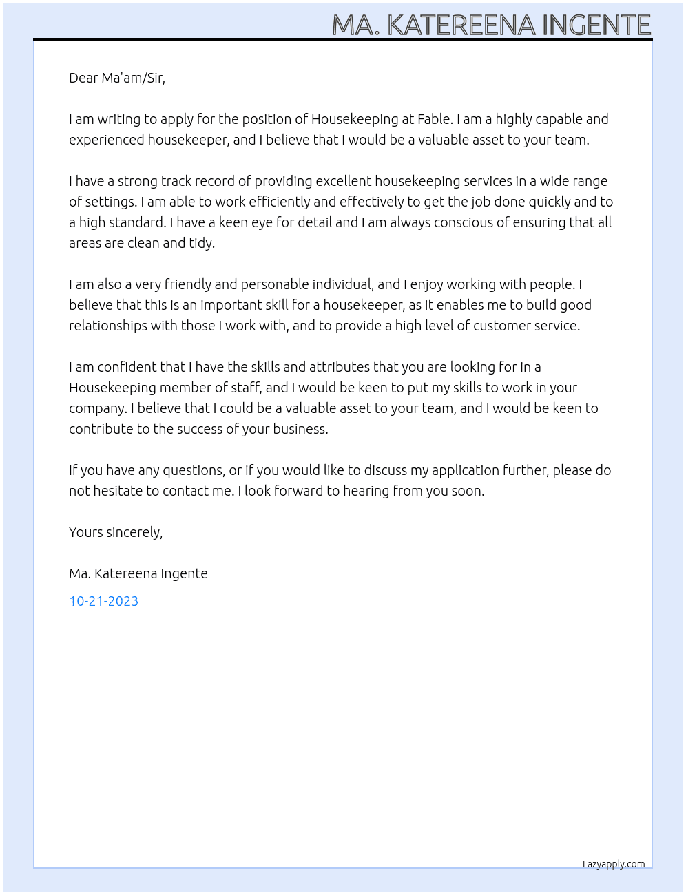 Housekeeping At Fable Cover Letter