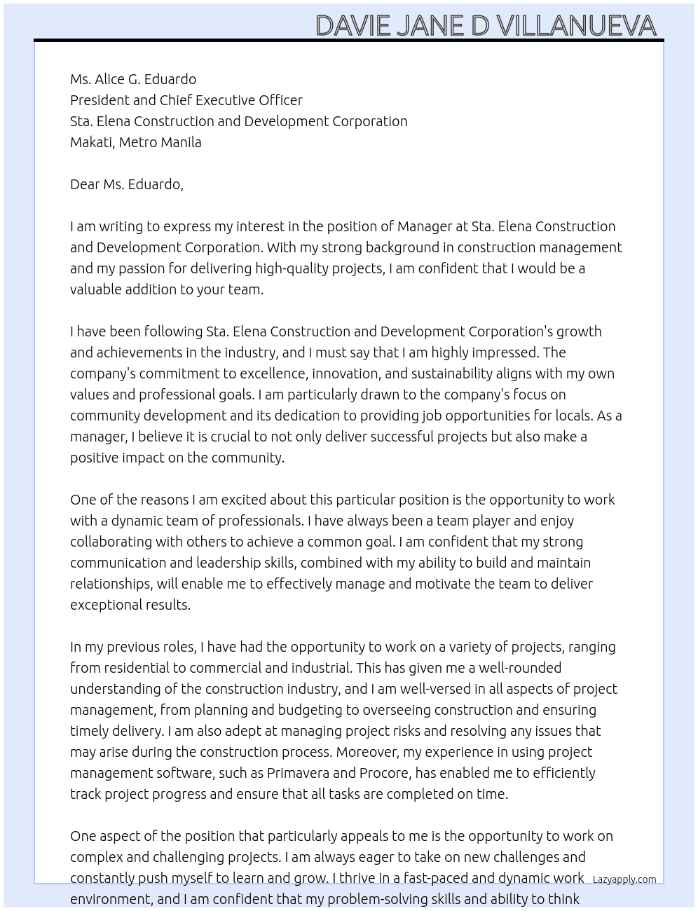 manager At Sta. Elena Construction and Development Corporation  Cover Letter