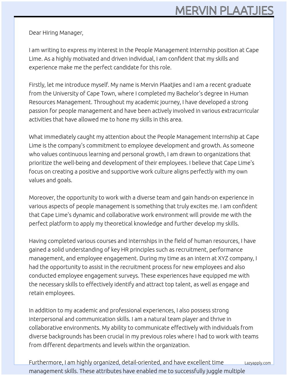 People Management Internship At Cape Lime Cover Letter