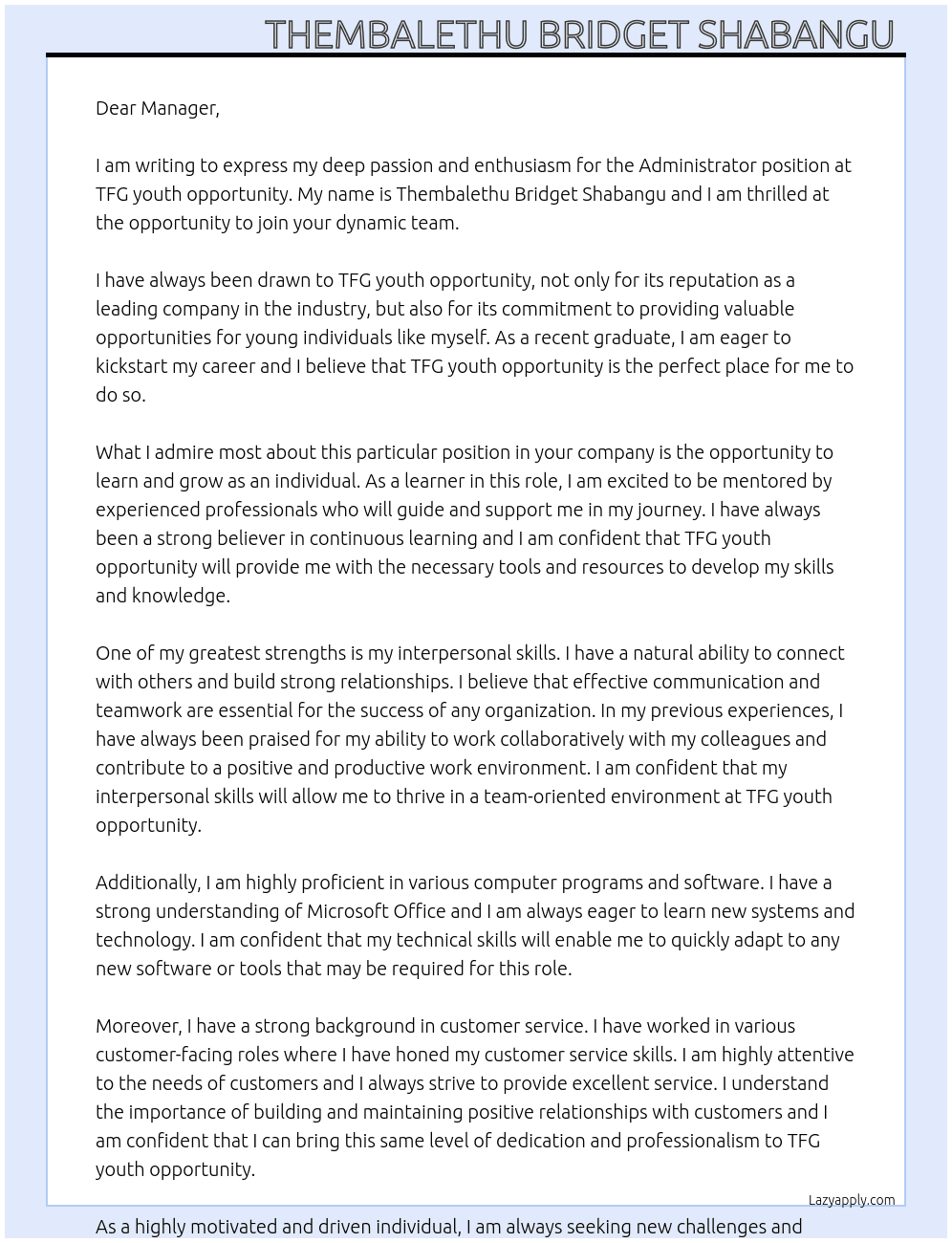 Administrator At TFG youth opportunity Cover Letter