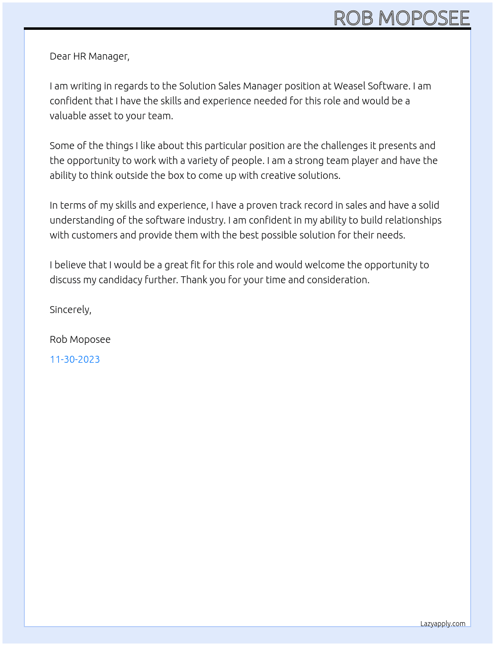 Solution sales manager At Weasel Software Cover Letter