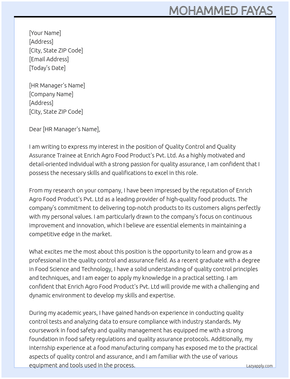 Quality control and quality assurance traine At Enrich agro food product's Pvt. Ltd Cover Letter