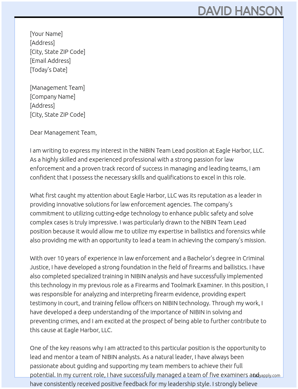 NIBIN Team Lead At Eagle Harbor, LLC Cover Letter
