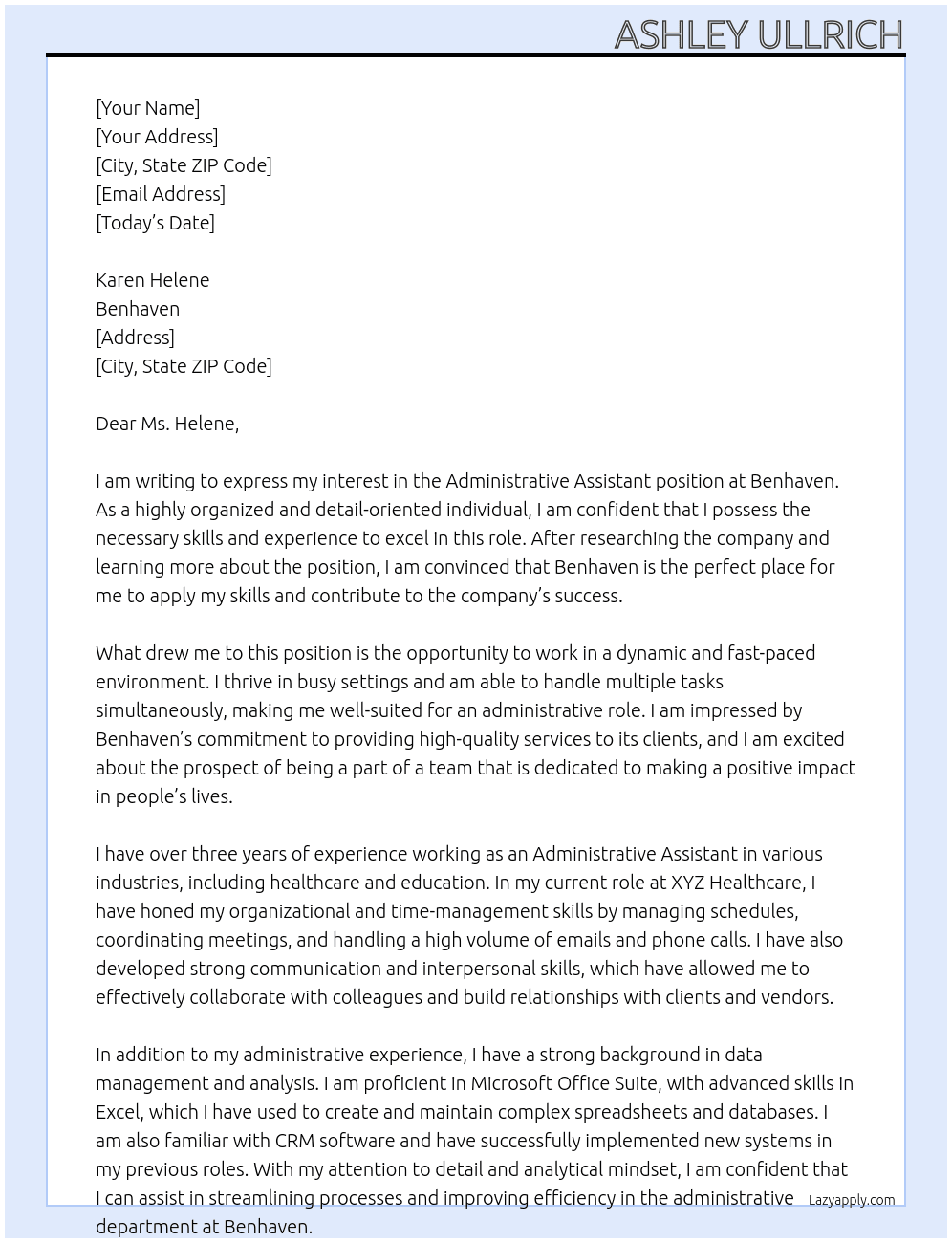 Administrative Assistant At Benhaven  Cover Letter