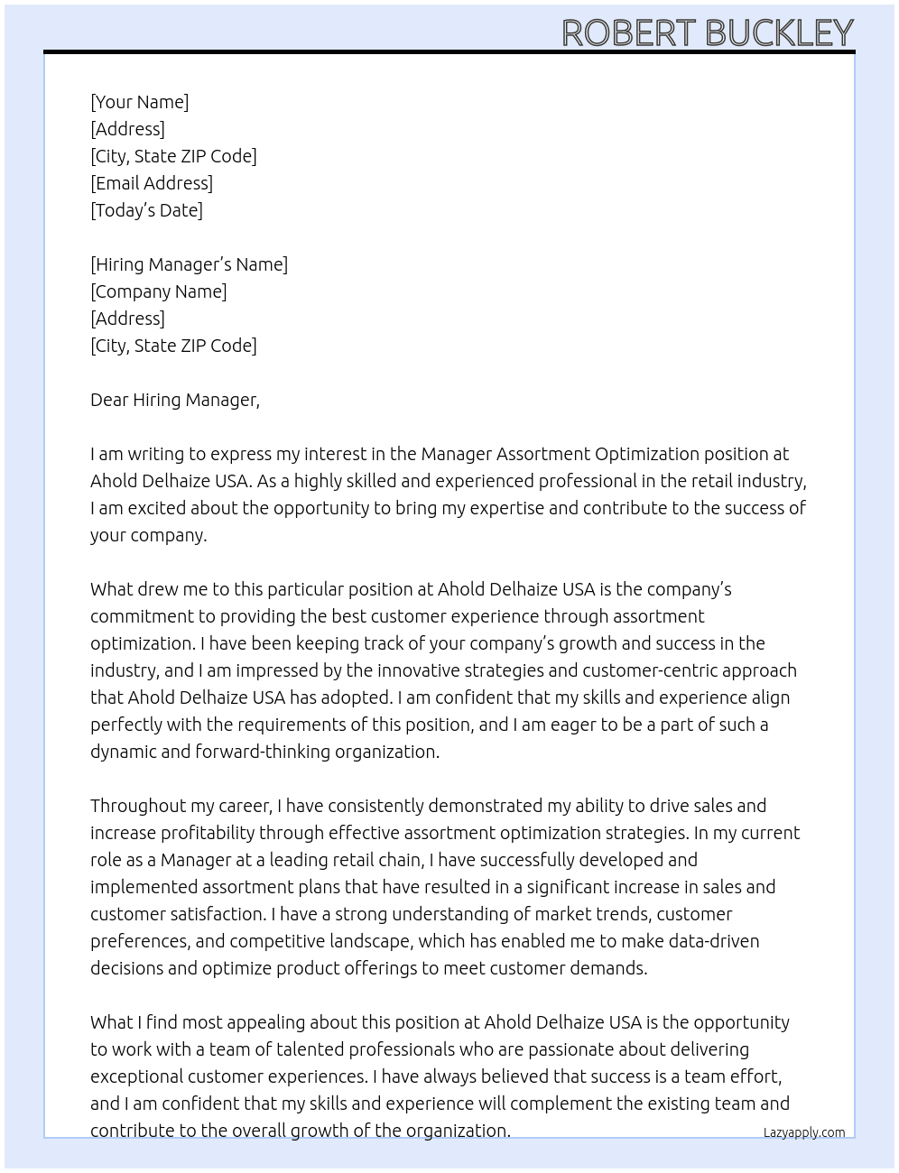 Manager Assortment Optimization At Ahold Delhaize USA Cover Letter