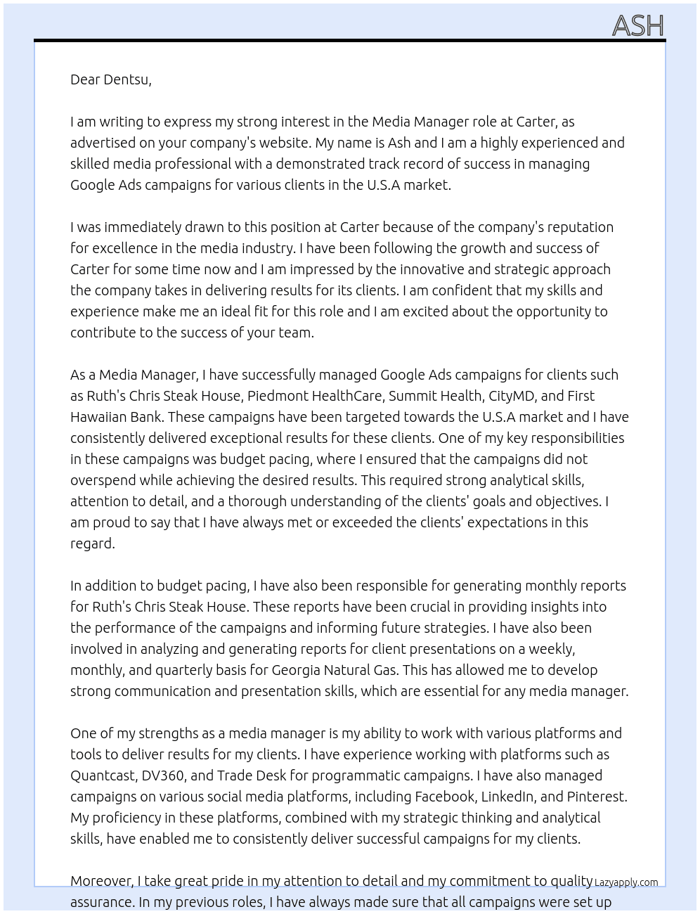 Media manager  At carter Cover Letter
