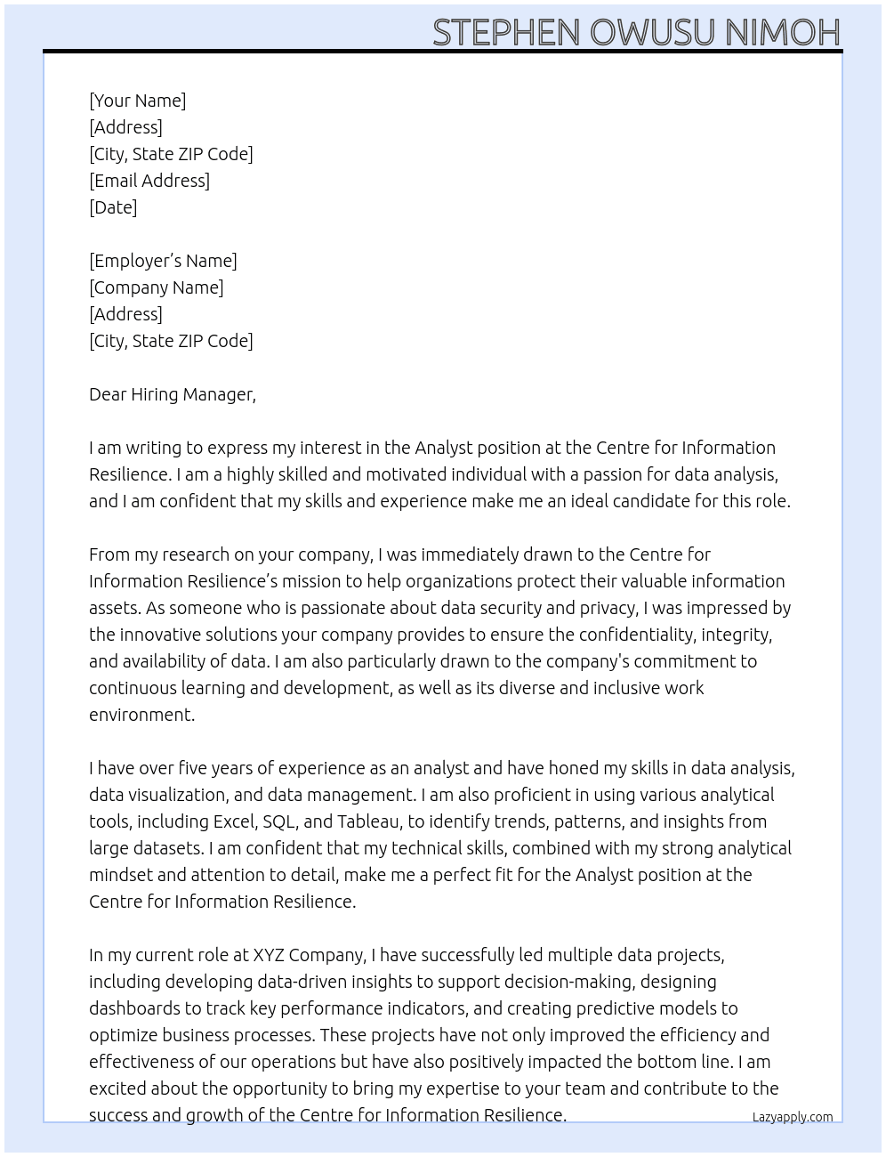 analyst At centre for information resilience  Cover Letter