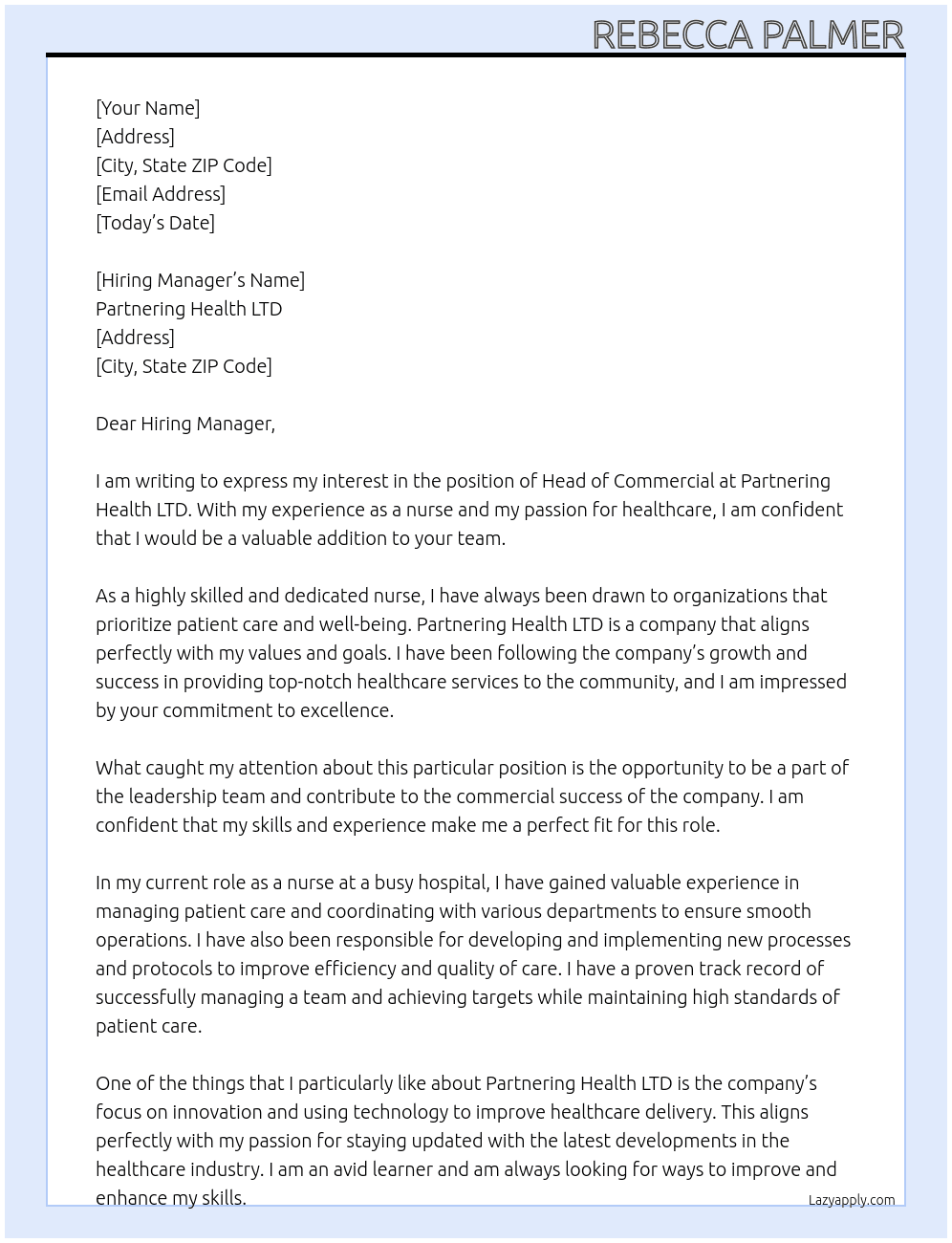 Head of commercial  At Partnering health LTD Cover Letter