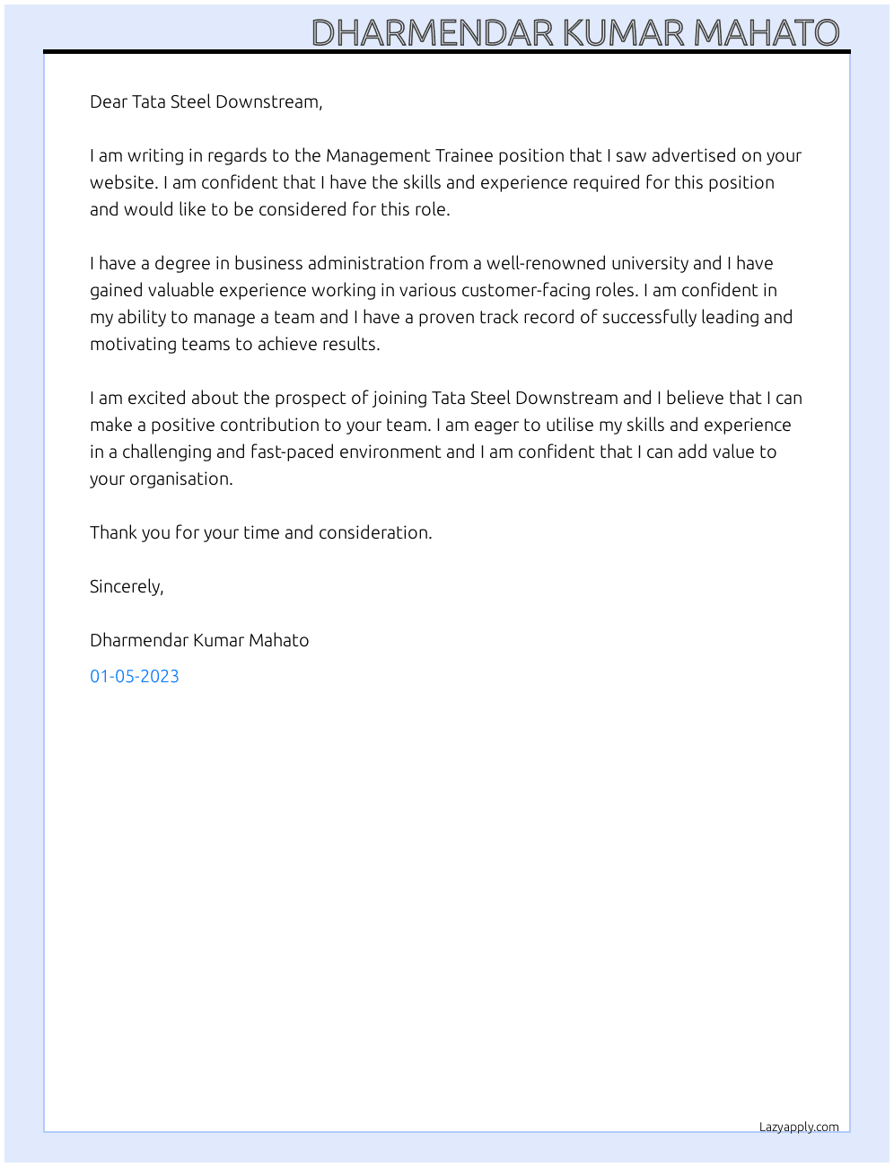 Management Trainee  At Tata steel downstream  Cover Letter