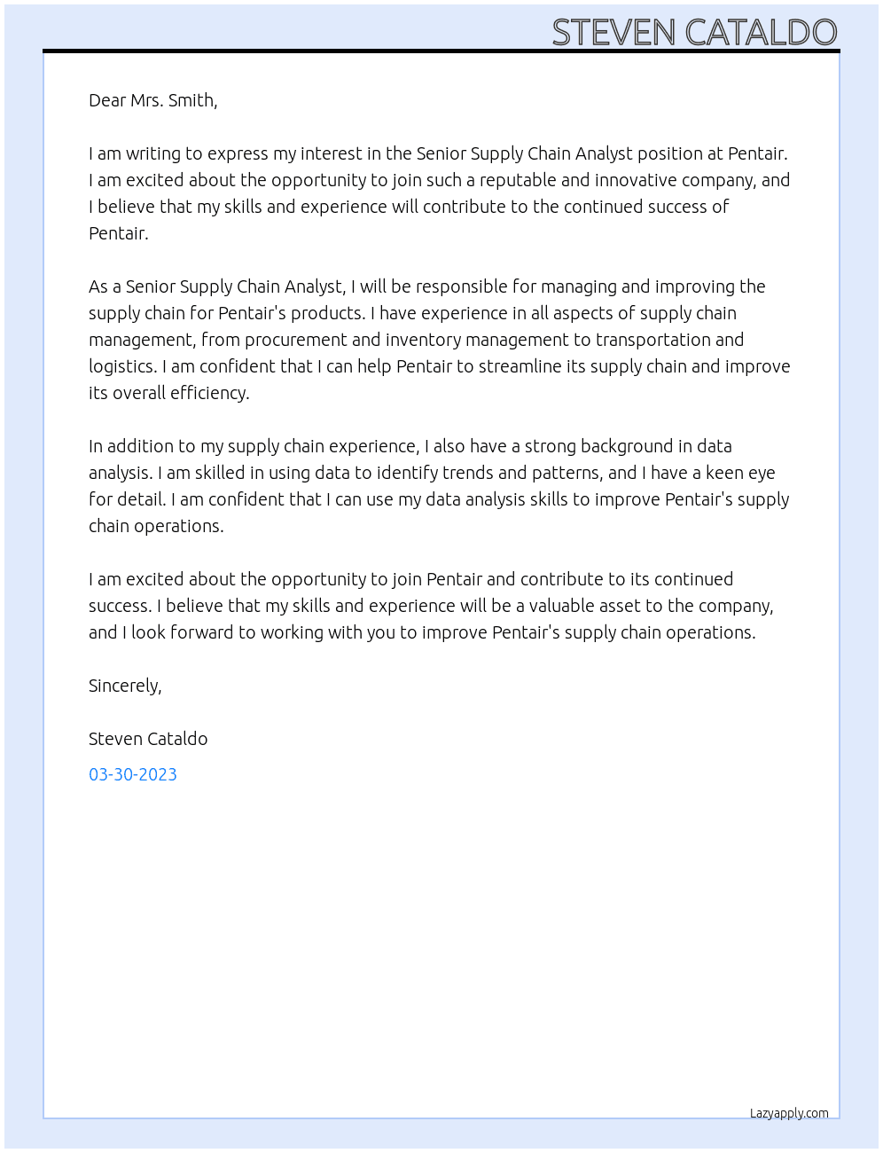 Senior Supply Chain Analyst At Pentair Cover Letter
