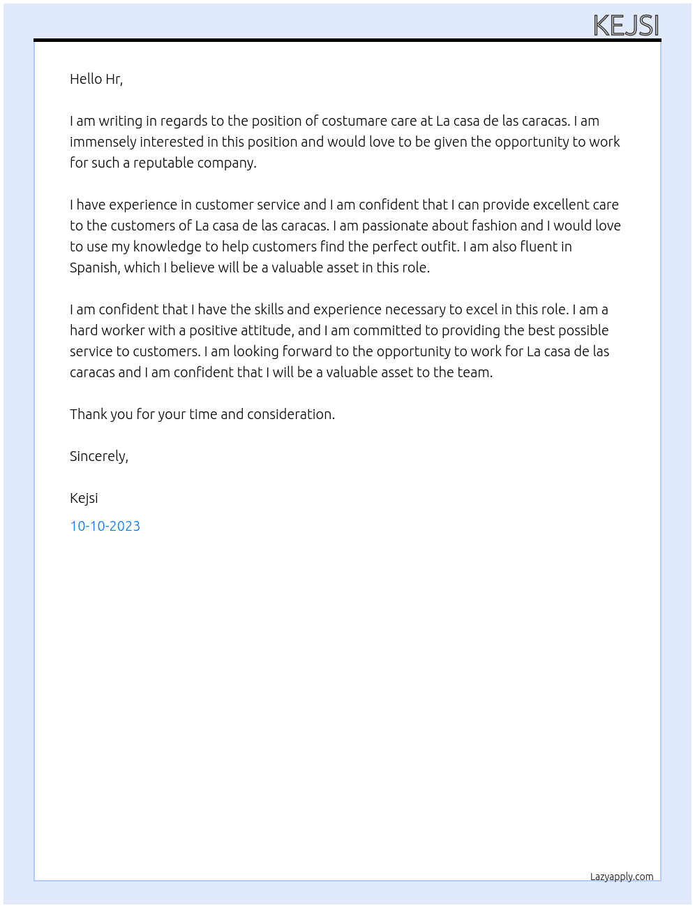 costumare care At La casa de las caracas Cover Letter
