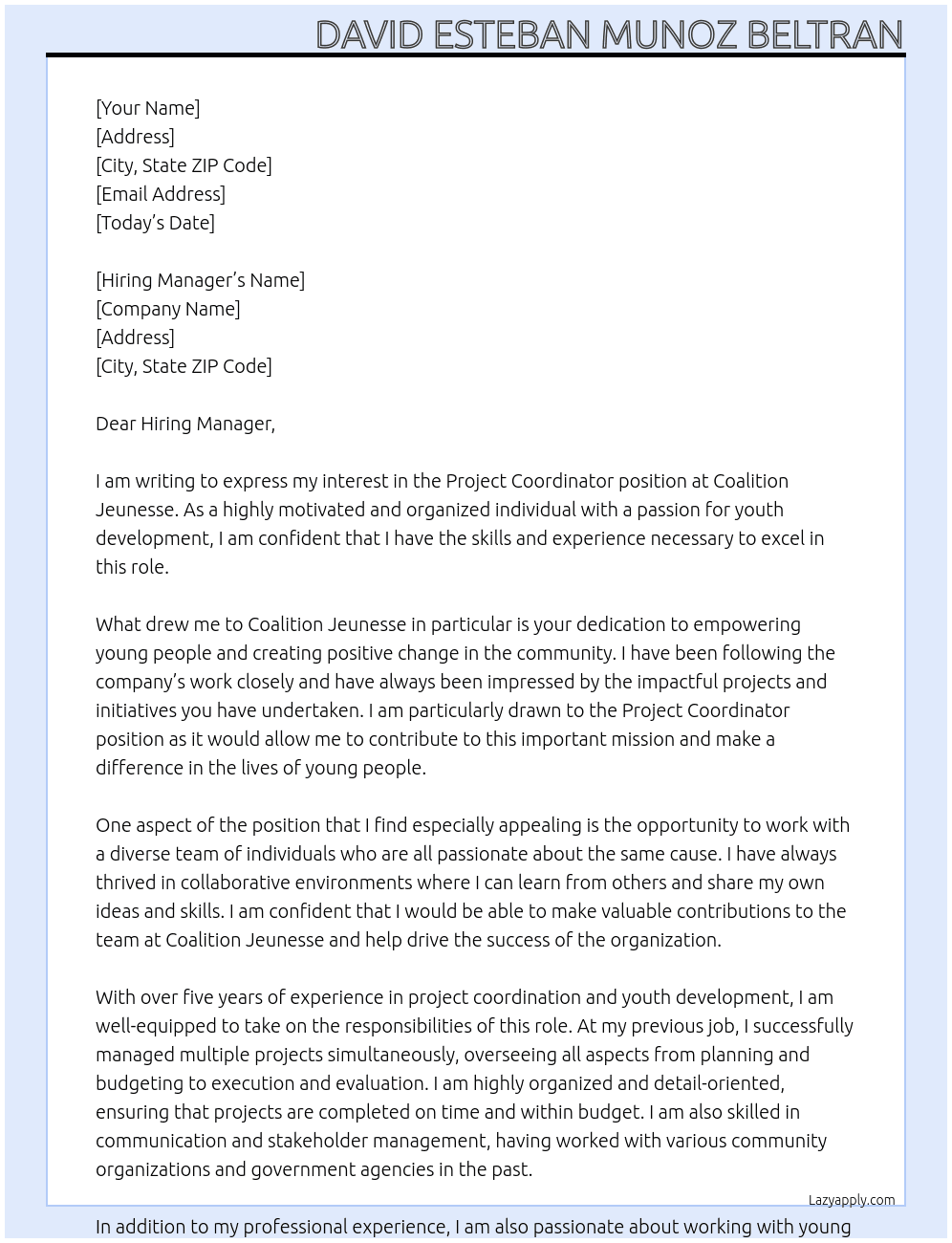 Project Coordinator At Coalition Jeunesse Cover Letter