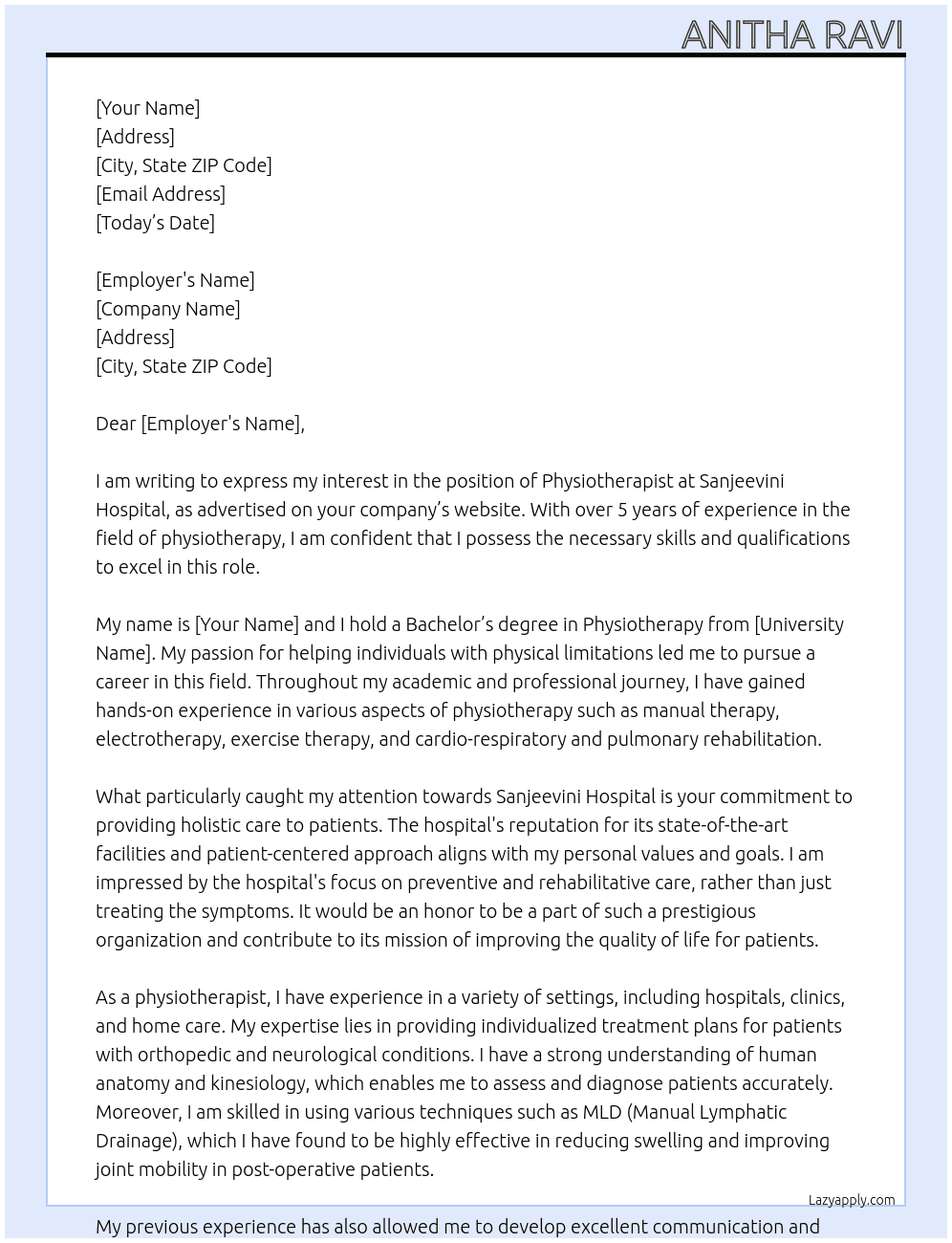 Physiotherapist  At Sanjeevini hospital  Cover Letter