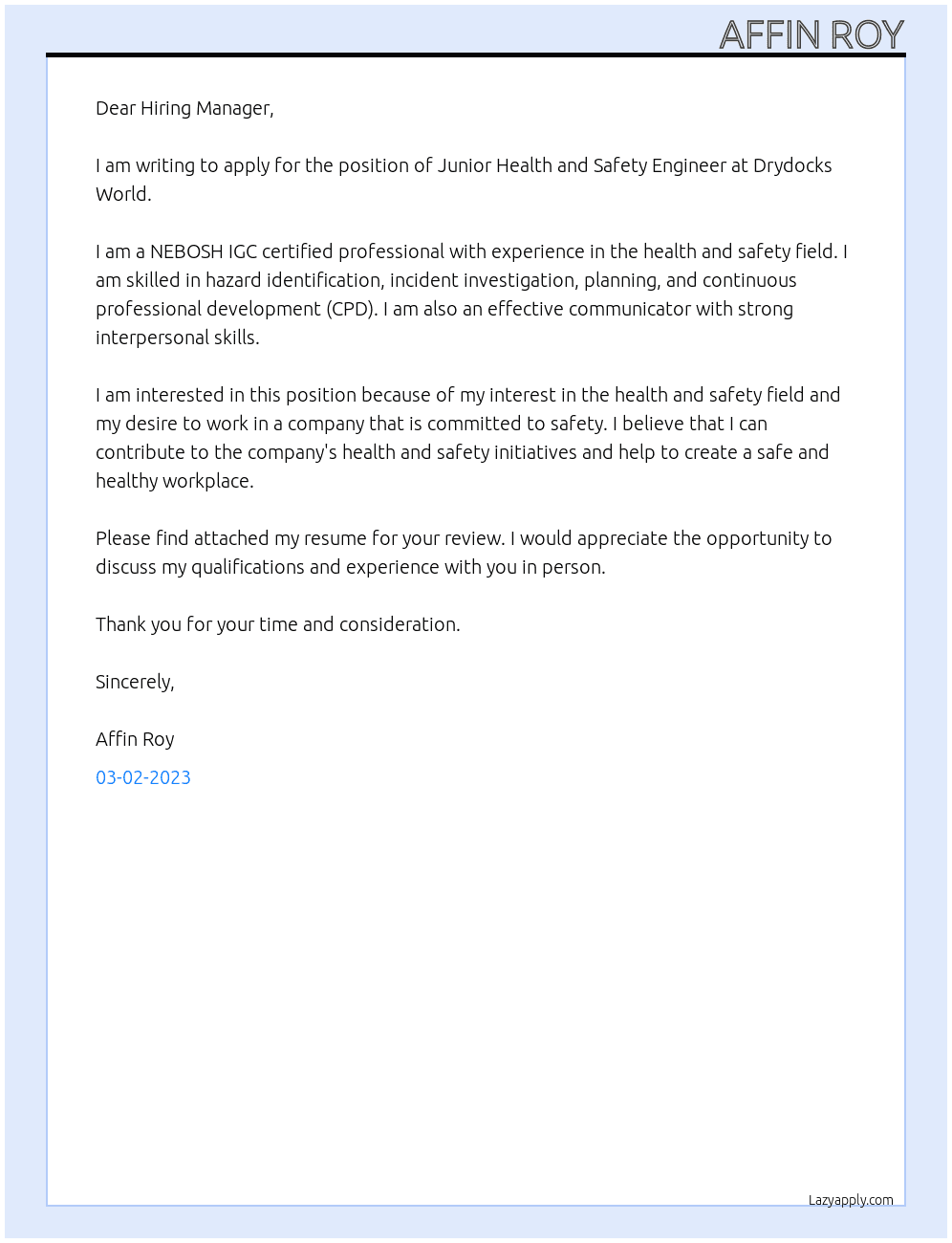 Junior Health and Safety Engineer At Drydocks World  Cover Letter