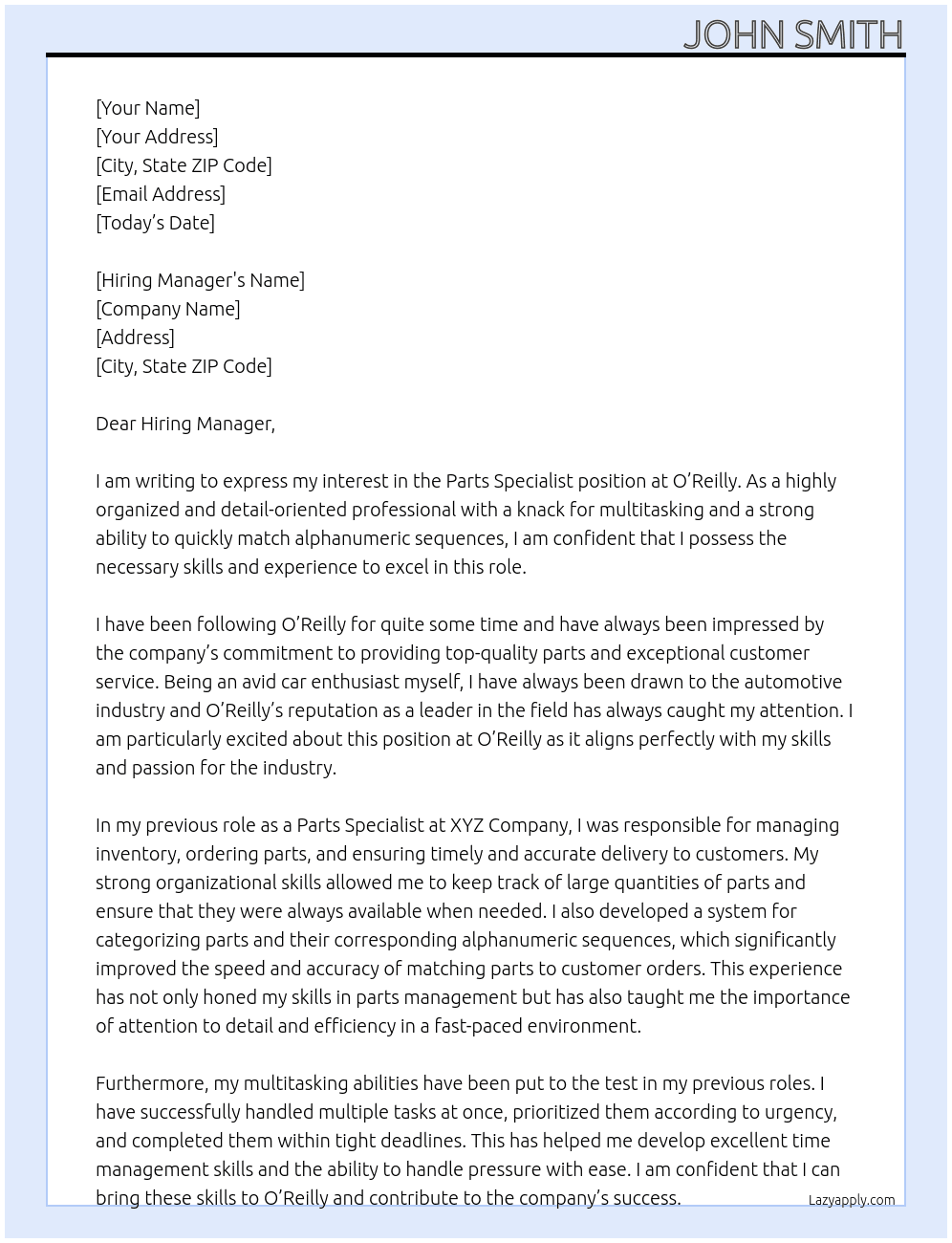 Parts Specialist At O'Reilly Cover Letter