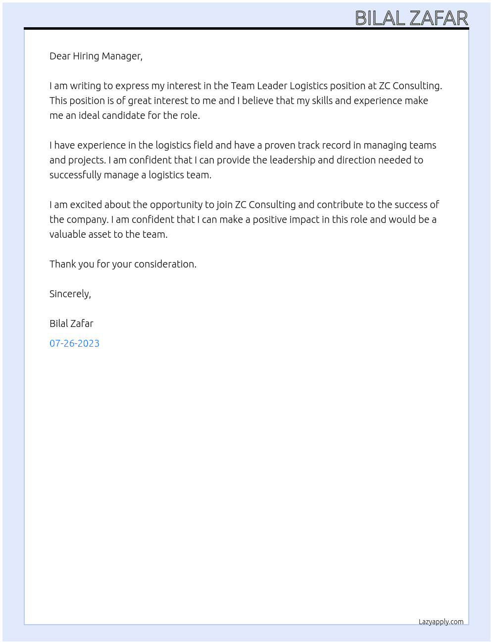Team Leader Logistics At ZC CONSULTING Cover Letter