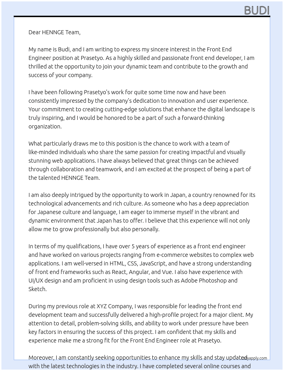Front End Engineer At Prasetyo Cover Letter