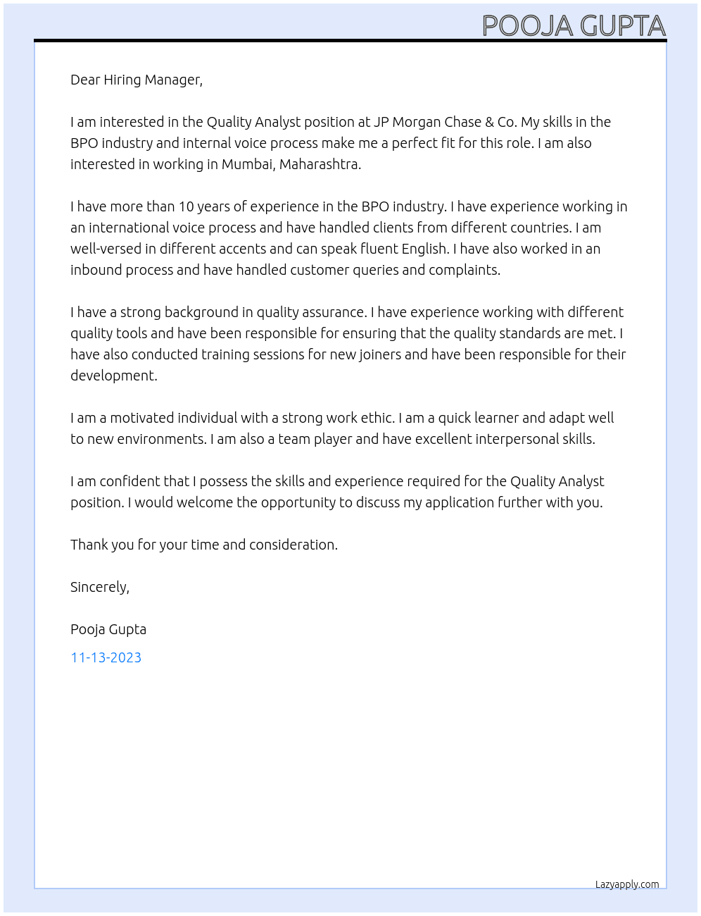 Quality Analyst  At JP Morgan Chase & Co Cover Letter