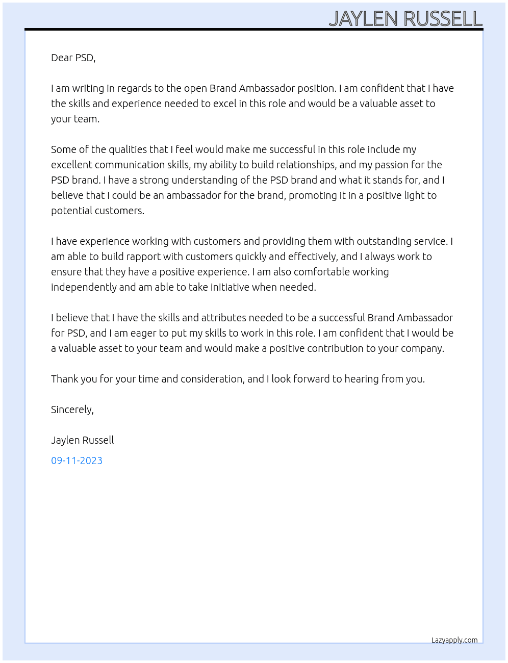 Brand ambassador  At PSD Cover Letter