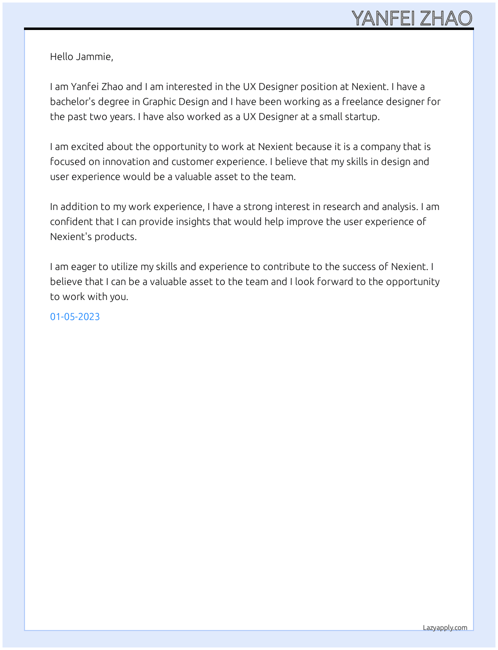 UX Designer At Nexient Cover Letter