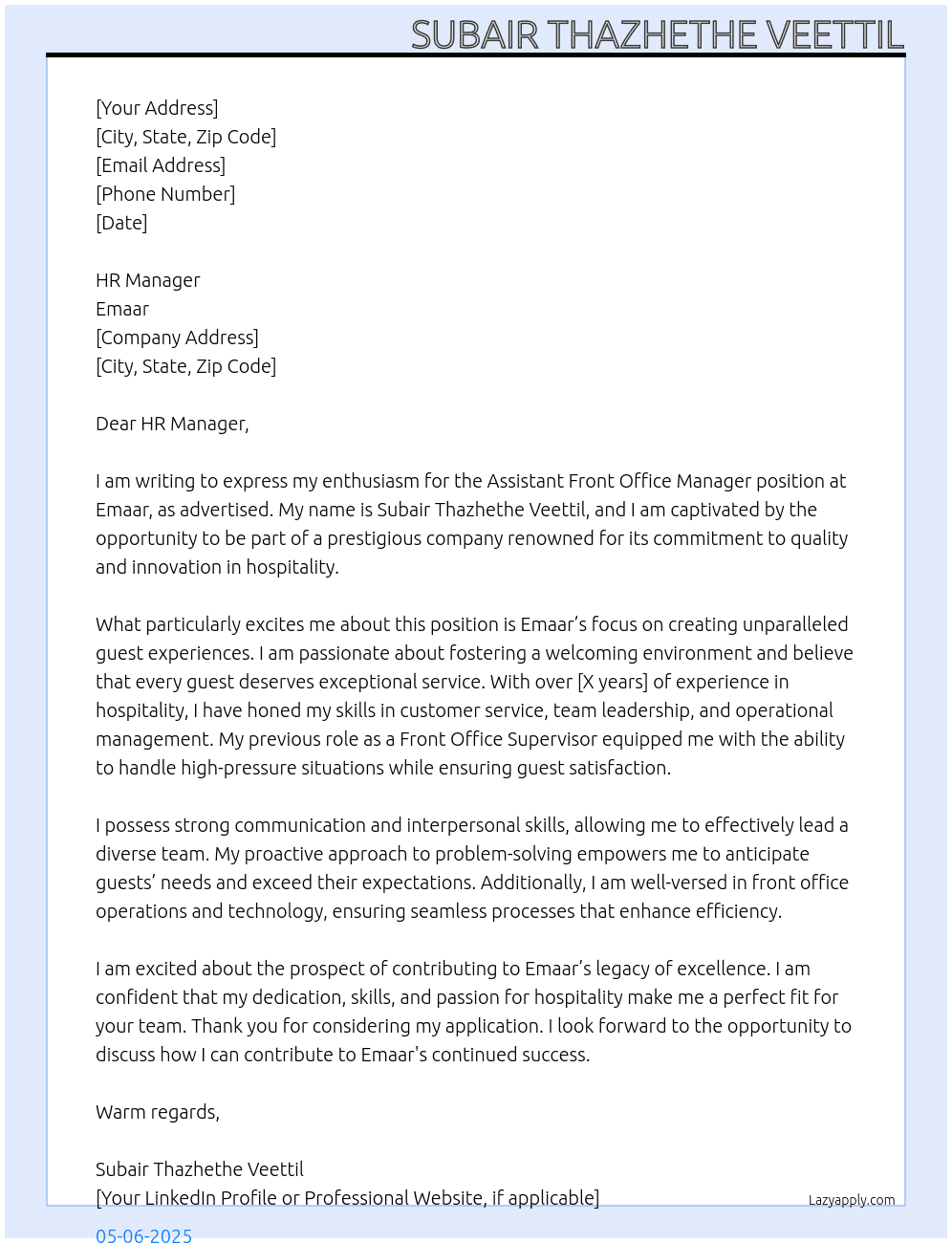 Asst Front Office Manager At emaar Cover Letter