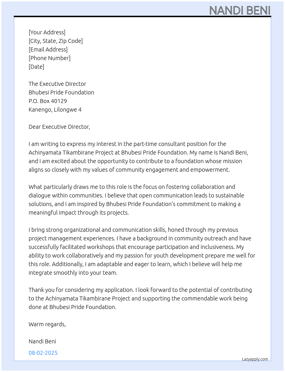 Achinyamata Tikambirane Project assistant (Part-time consultant) At Bhubhesi Pride Foundation  Cover Letter