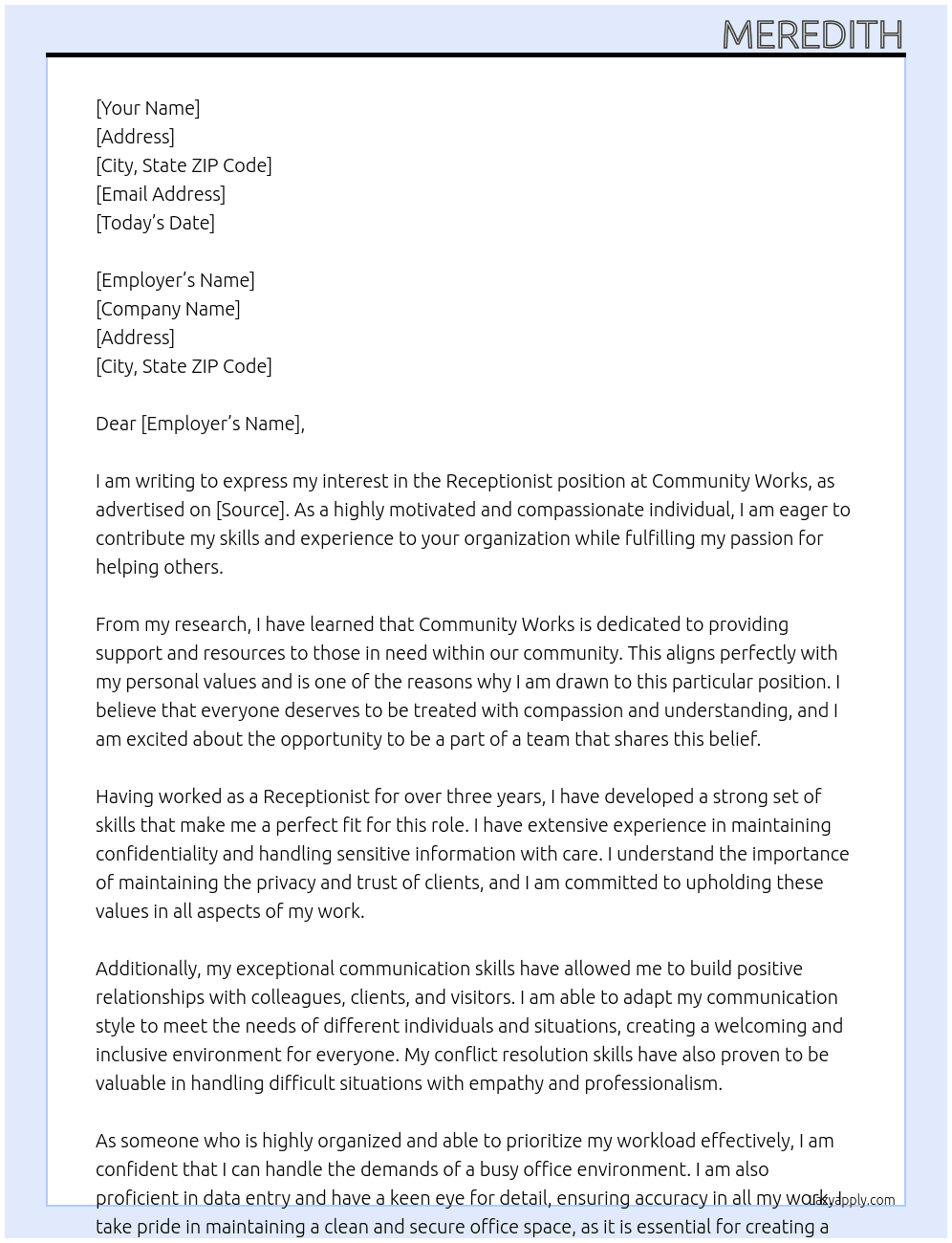 Receptionist At Community Works Cover Letter