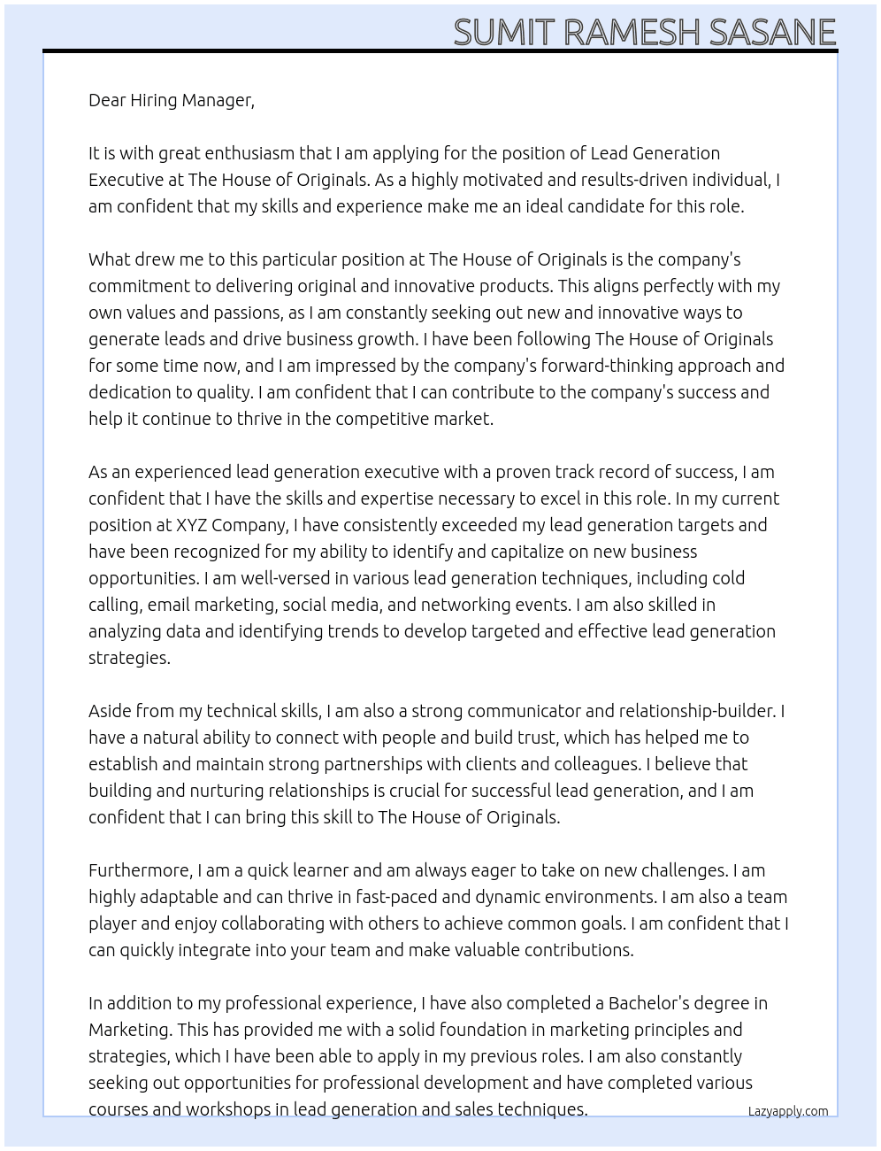 Lead generation executive  At The House of Originals  Cover Letter
