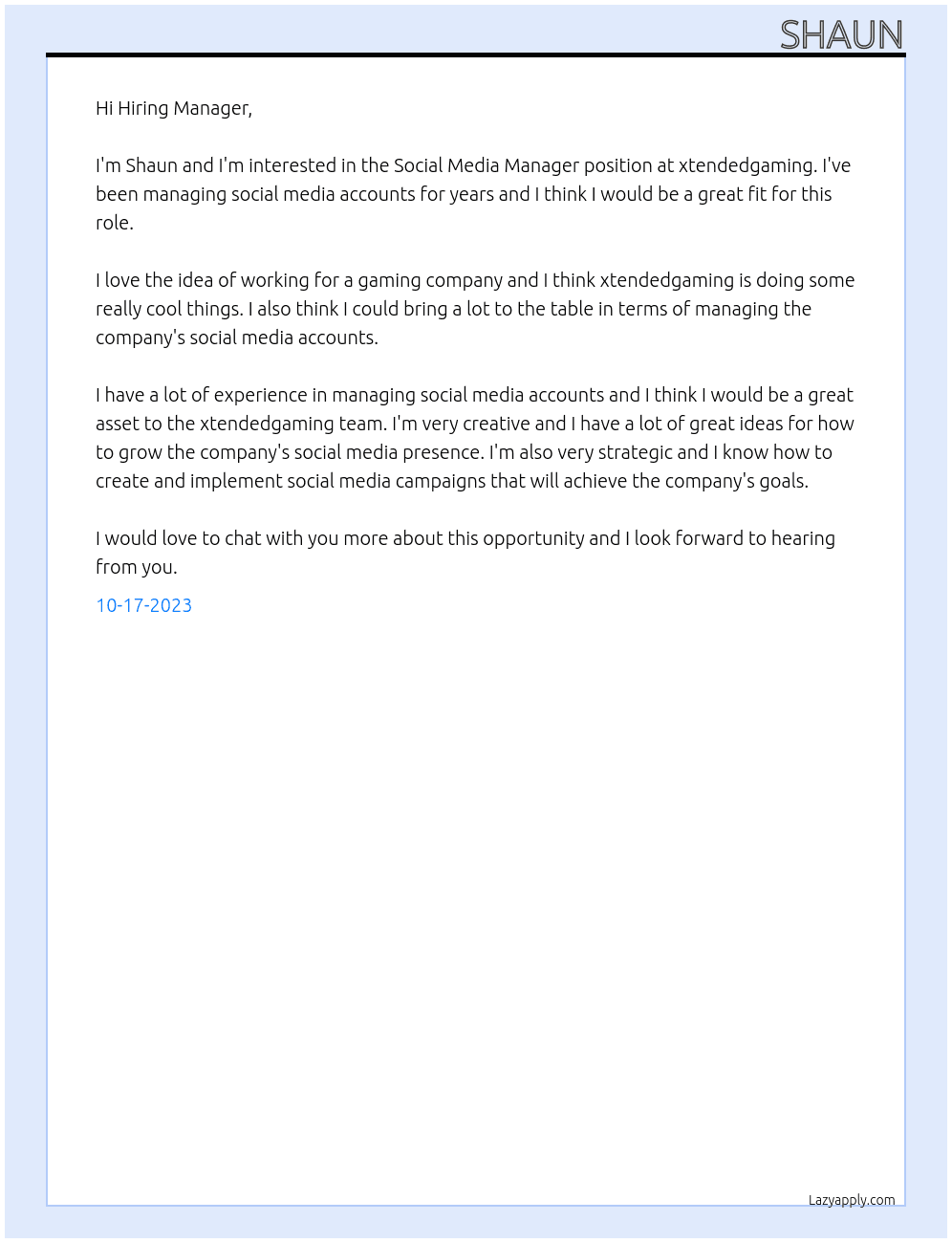 Social Media Manager At xtendedgaming Cover Letter