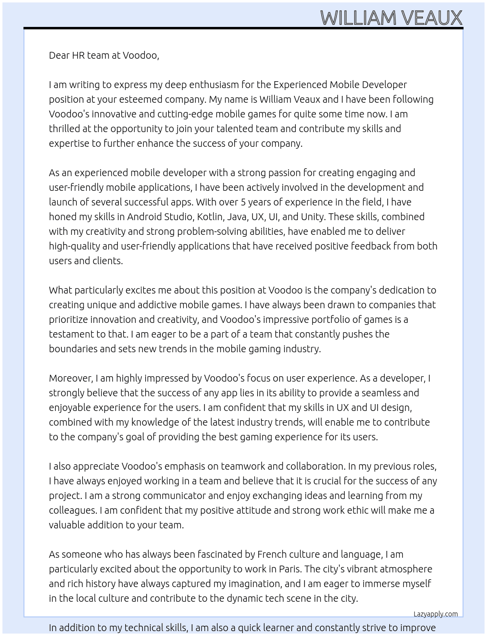 Cover letter for experienced mobile developer - LazyApply