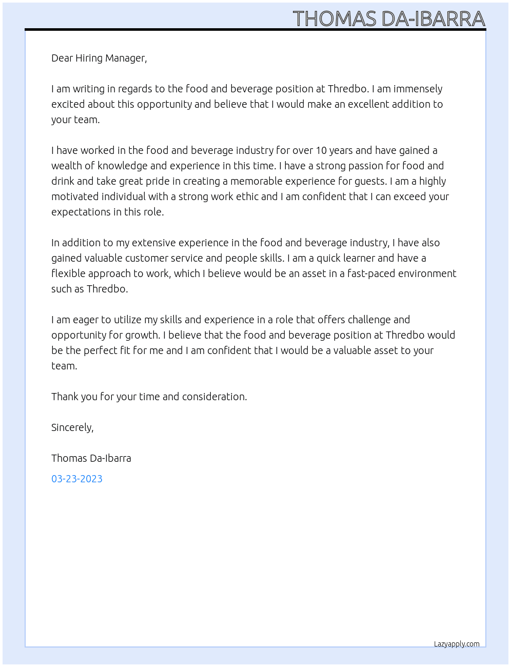 food and bevrages  At Thredbo Cover Letter
