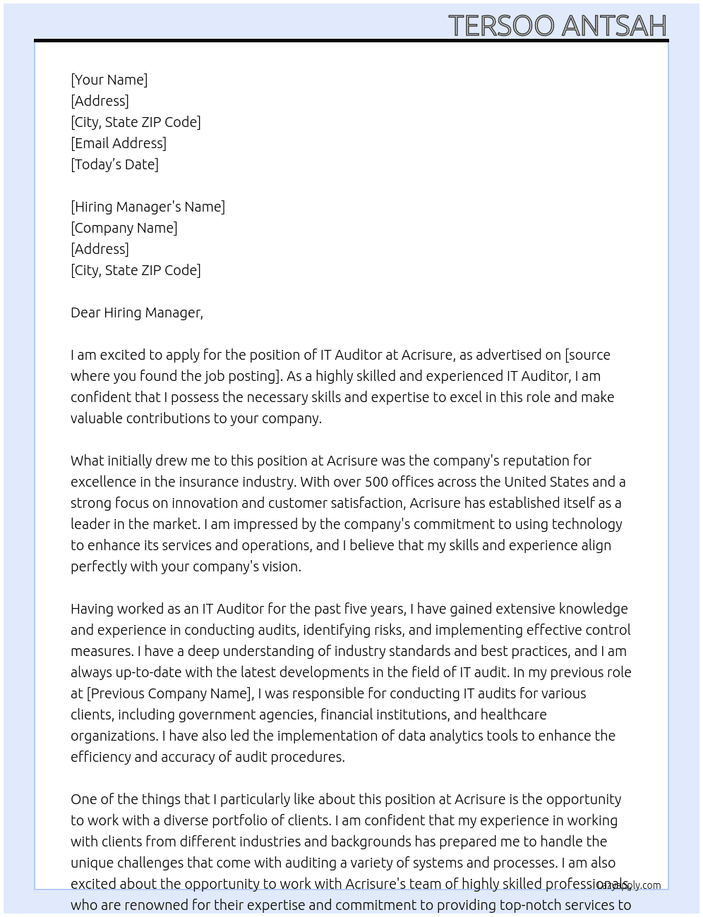 IT Auditor At Acrisure Cover Letter