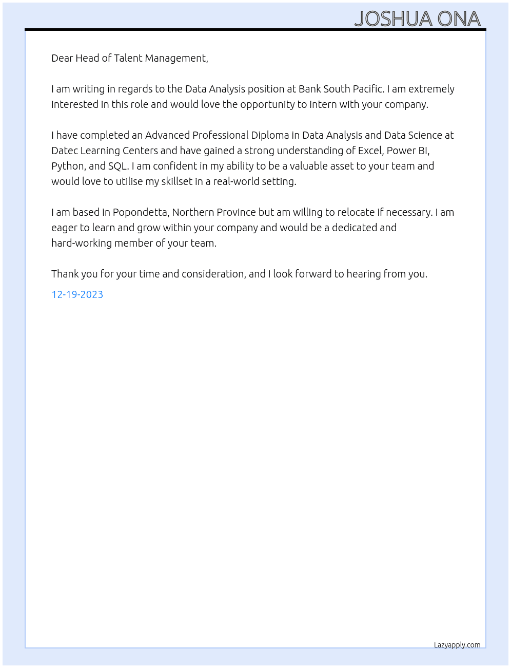 Data Analysis  At Bank South Pacific  Cover Letter