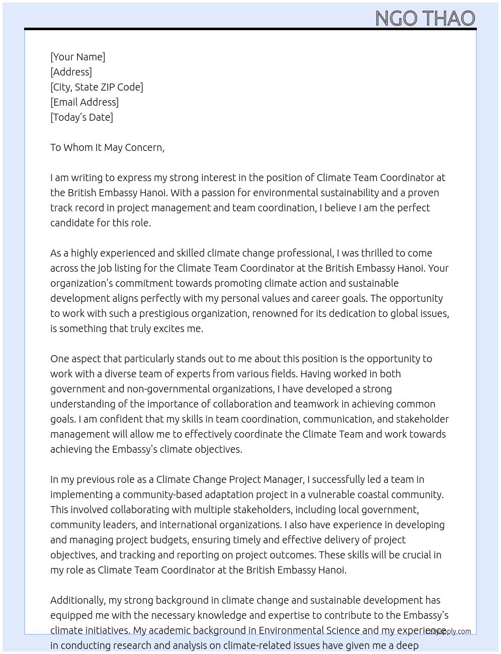 climate team coordinator At British Embassy Hanoi Cover Letter