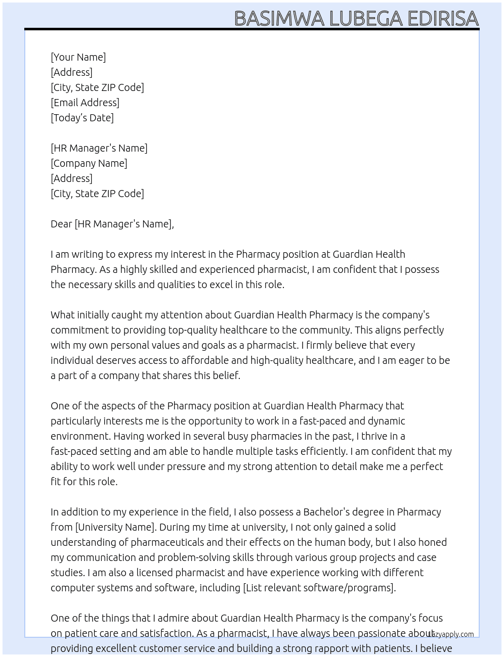 pharmancy At Guardian health pharmacy  Cover Letter