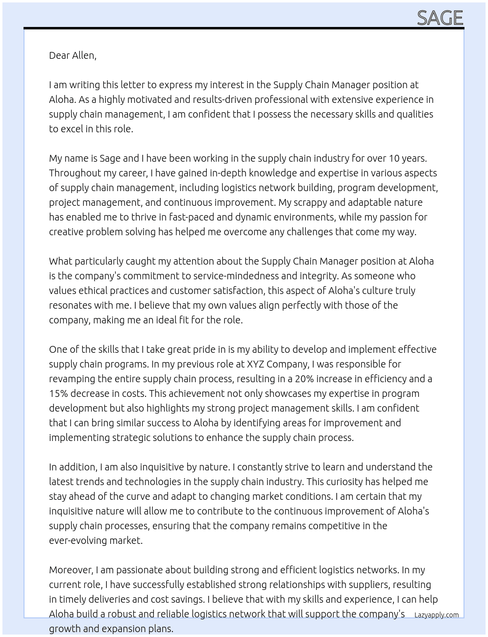 Supply Chain Manager At Aloha Cover Letter