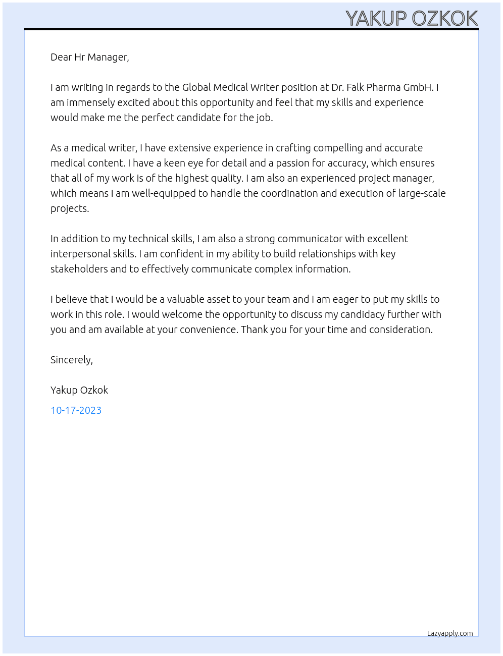 Global Medical Writer At Dr. Falk Pharma GmbH Cover Letter