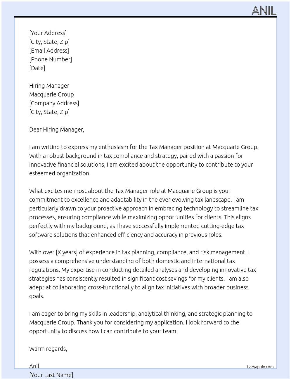 Tax Manager At Macquarie group Cover Letter