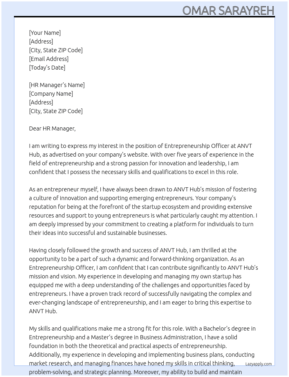 Entrepreneurship Officer At ANVT Hub Cover Letter