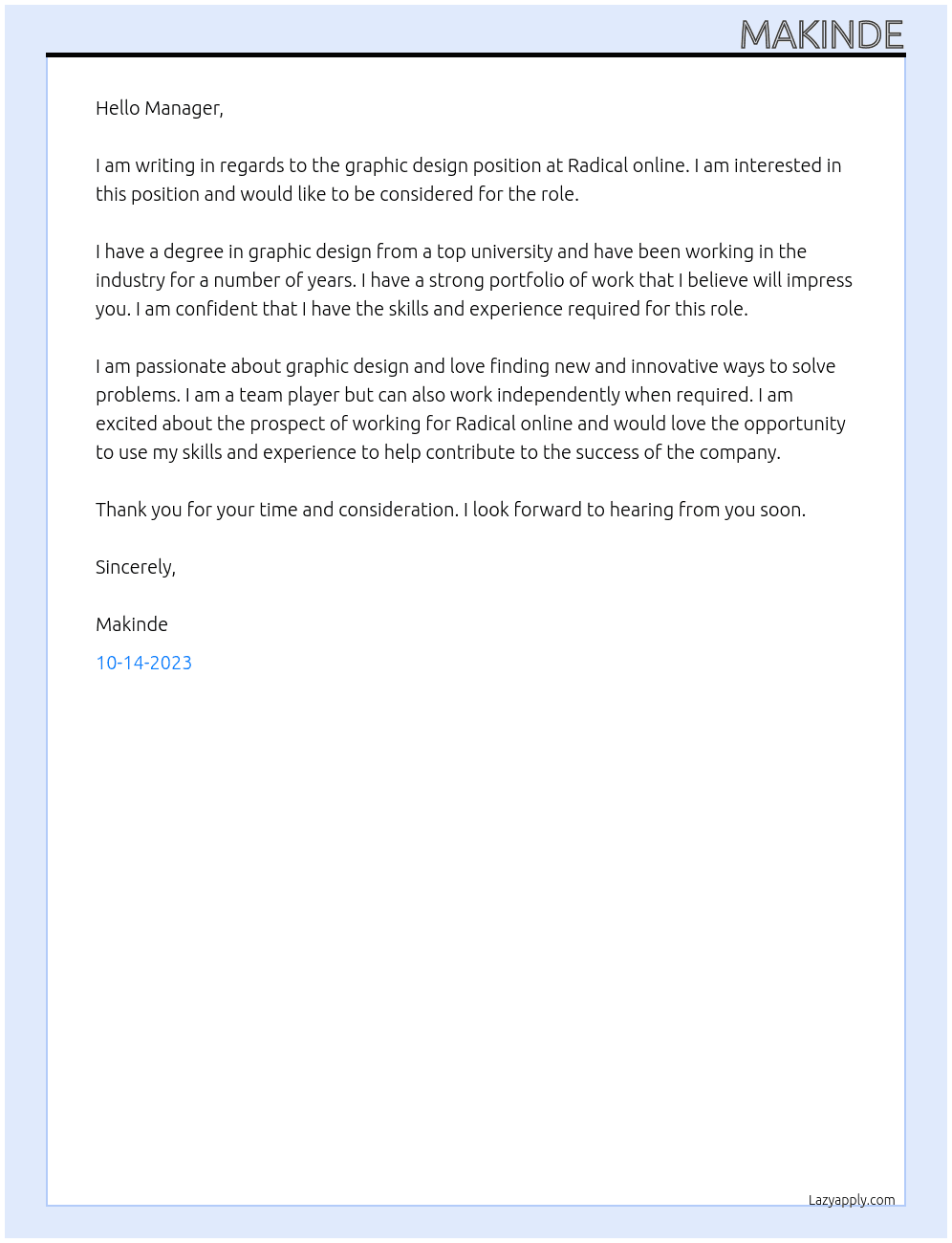 Graphic design  At Radical online  Cover Letter